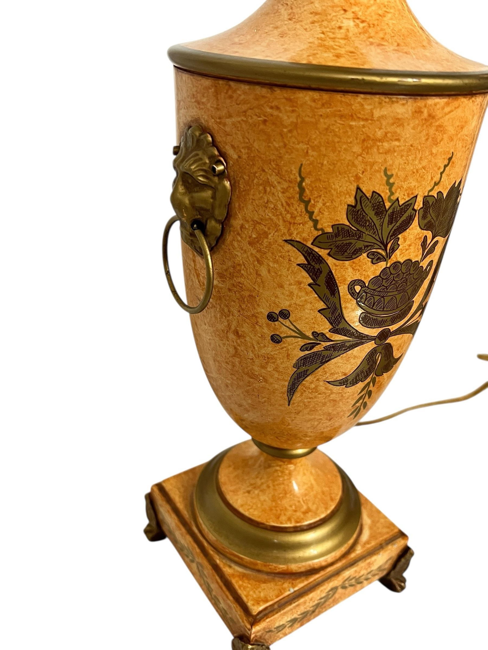 Vintage Made in Italy Urn Style Lamp, Footed Base Lions Head Knockers, Linen Shade - 7