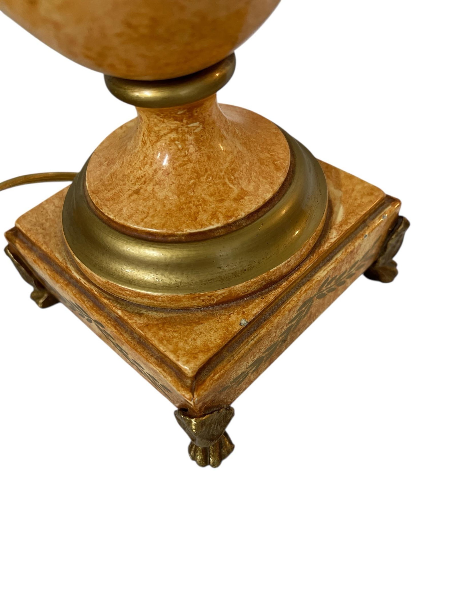 Vintage Made in Italy Urn Style Lamp, Footed Base Lions Head Knockers, Linen Shade - 8