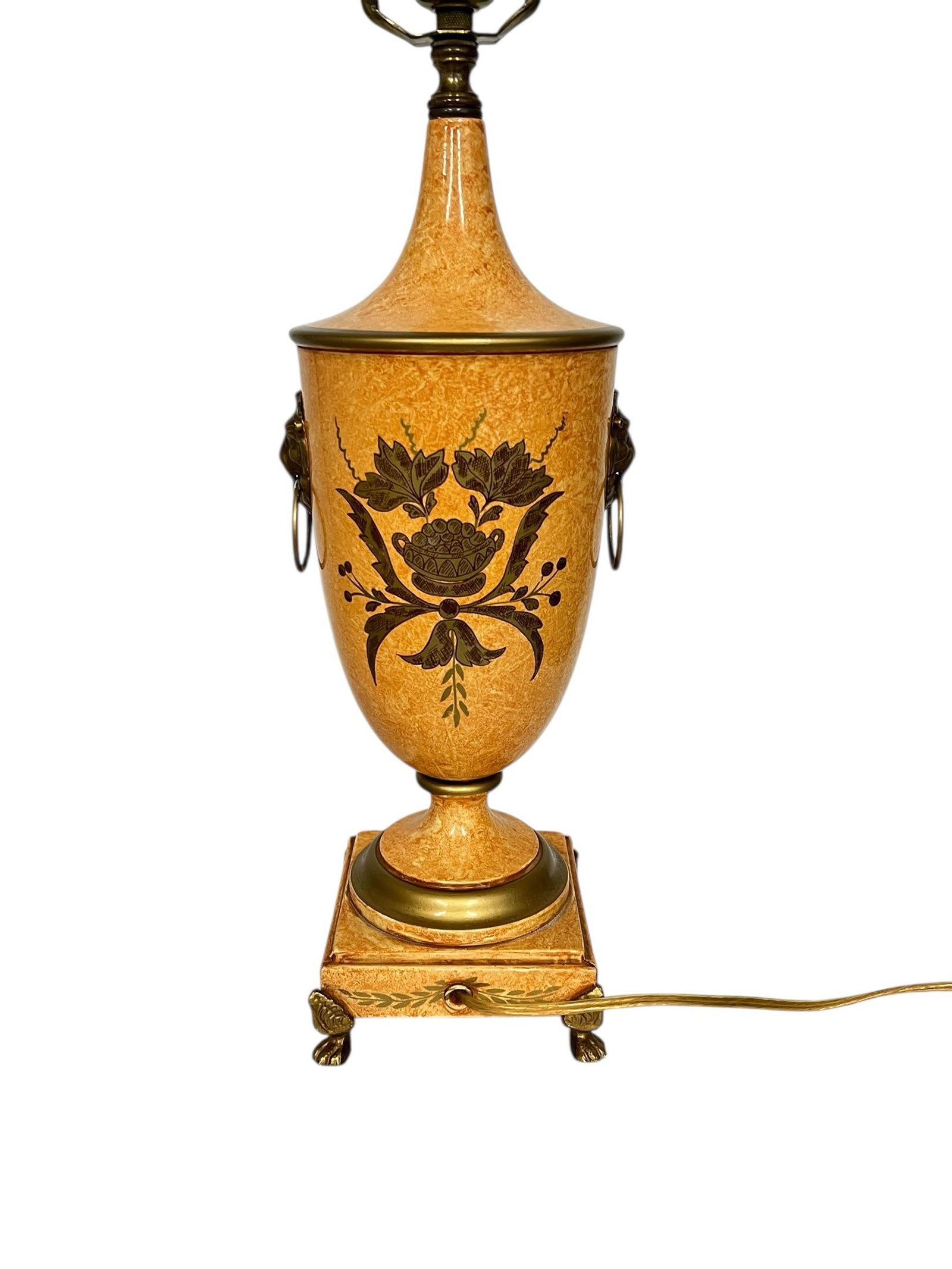 Vintage Made in Italy Urn Style Lamp, Footed Base Lions Head Knockers, Linen Shade - 9