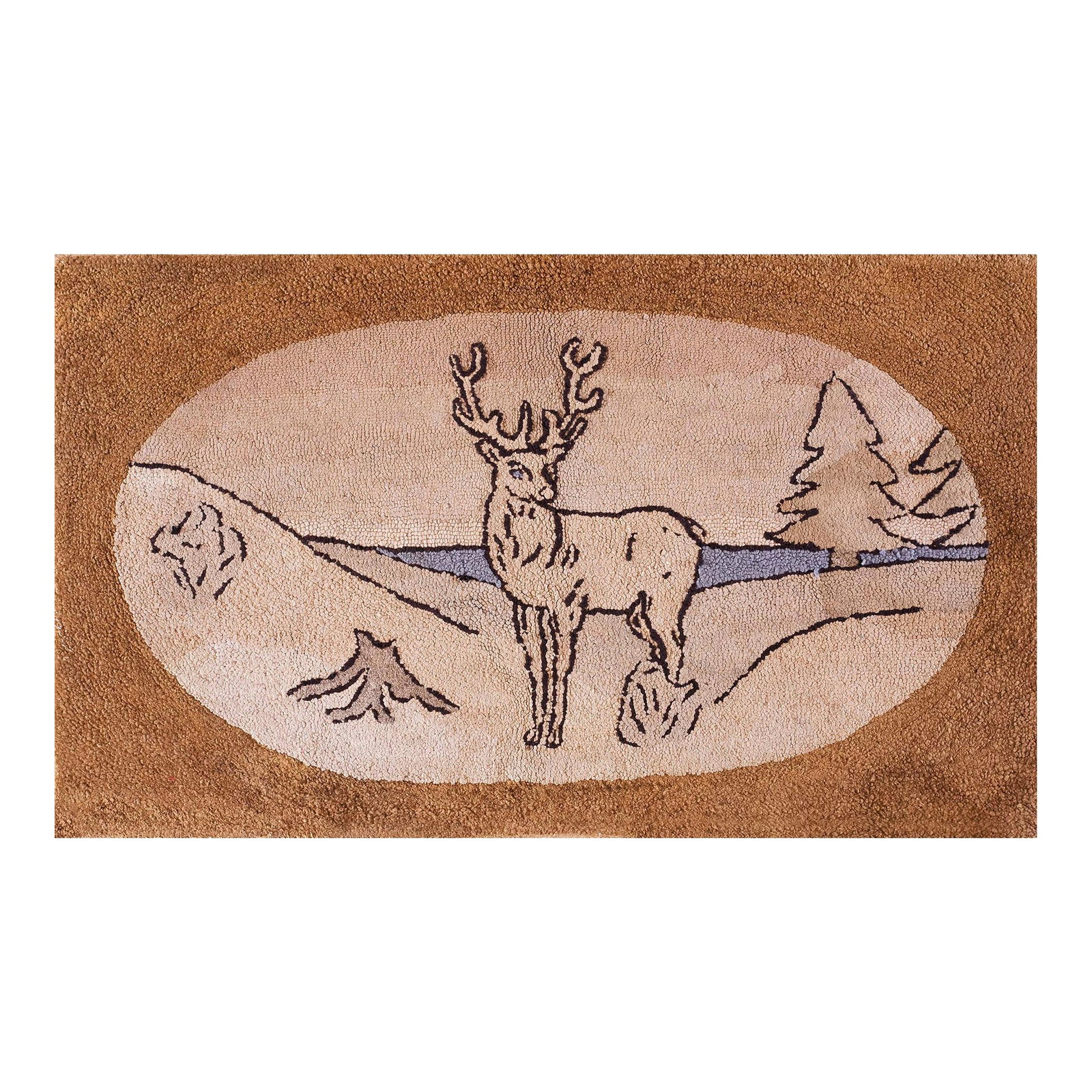 1930s Ivory Brown Animalia Folk Art Antique American Hooked Rug Hand Knotted 2'0" X 3'4" Wool Carpet: Antique American hooked rug, size: 2'0" x 3'4". 1930s Ivory Beige Cream White American Hooked Antique Wool Floral Medallion Rug, Circa Date: 1930s. This charming example of an American Hooked Rug capt
