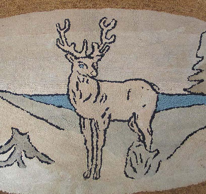 1930s Ivory Brown Animalia Folk Art Antique American Hooked Rug Hand Knotted 2'0" X 3'4" Wool Carpet - 2