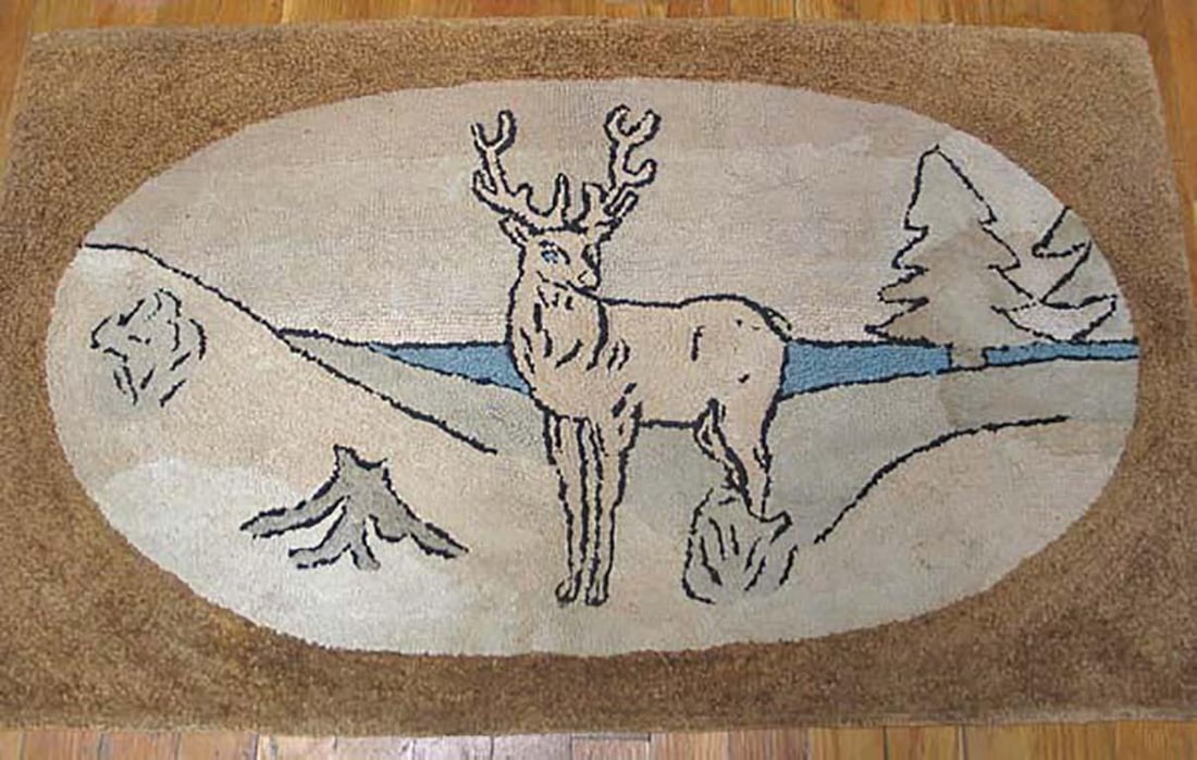 1930s Ivory Brown Animalia Folk Art Antique American Hooked Rug Hand Knotted 2'0" X 3'4" Wool Carpet - 3