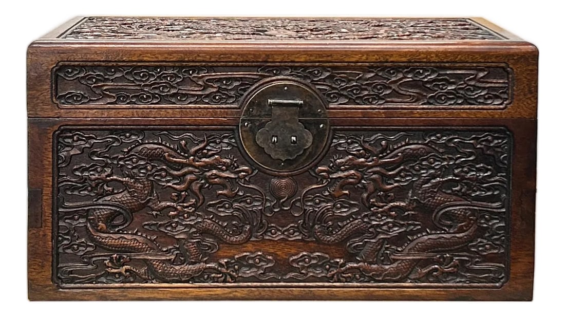 Oriental Dragons Motif Treasure Chest Box Distressed Brown Color Wood: Elevate your home decor with this stunning, rectangular wooden chest, a masterpiece of traditional craftsmanship. This box features breathtaking high-relief carvings of imperial dragons winding