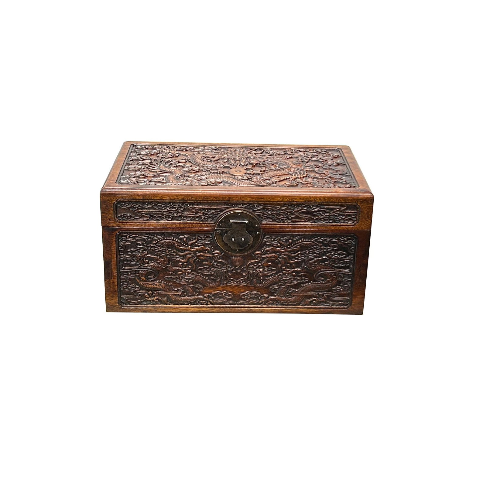 Oriental Dragons Motif Treasure Chest Box Distressed Brown Color Wood - 2