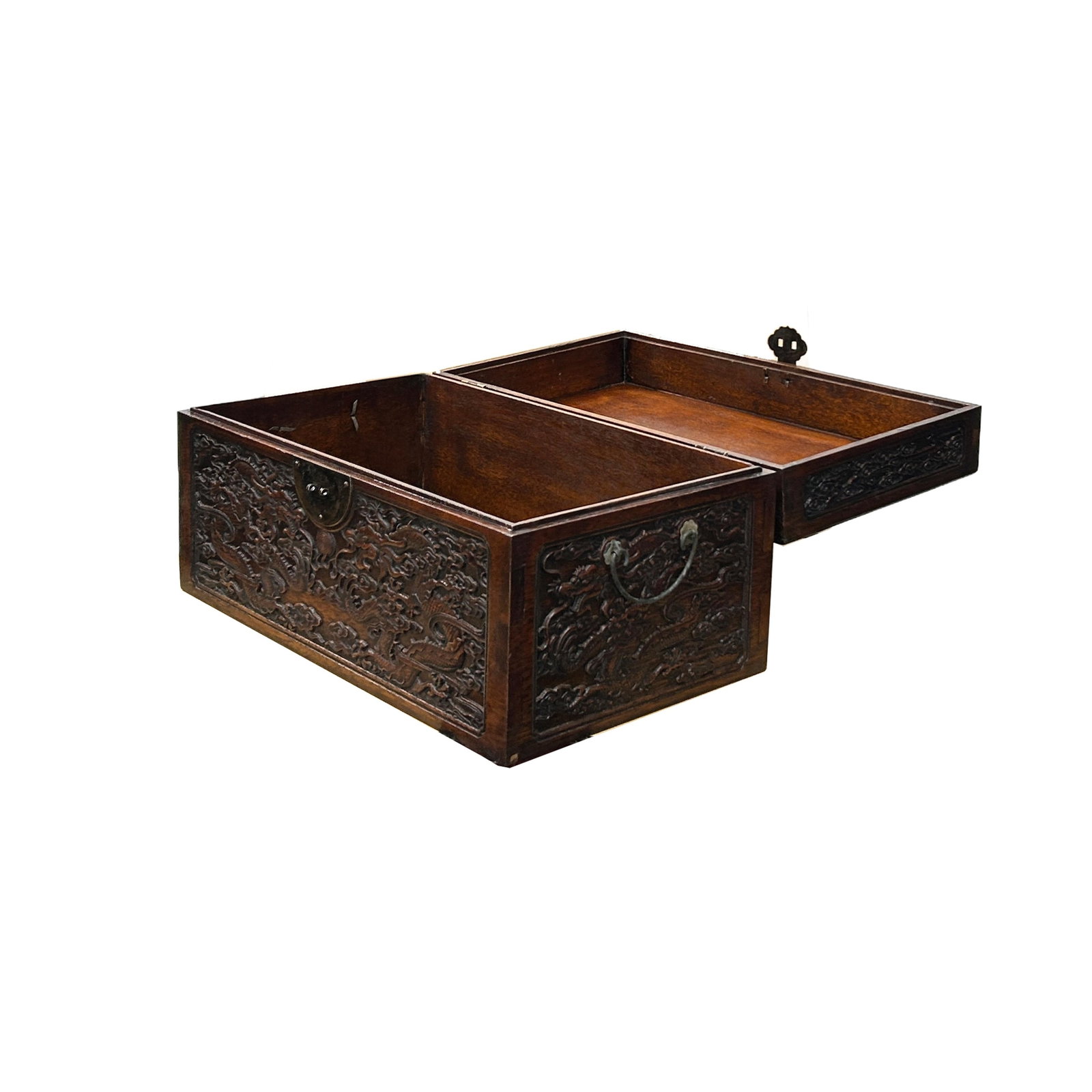 Oriental Dragons Motif Treasure Chest Box Distressed Brown Color Wood - 4