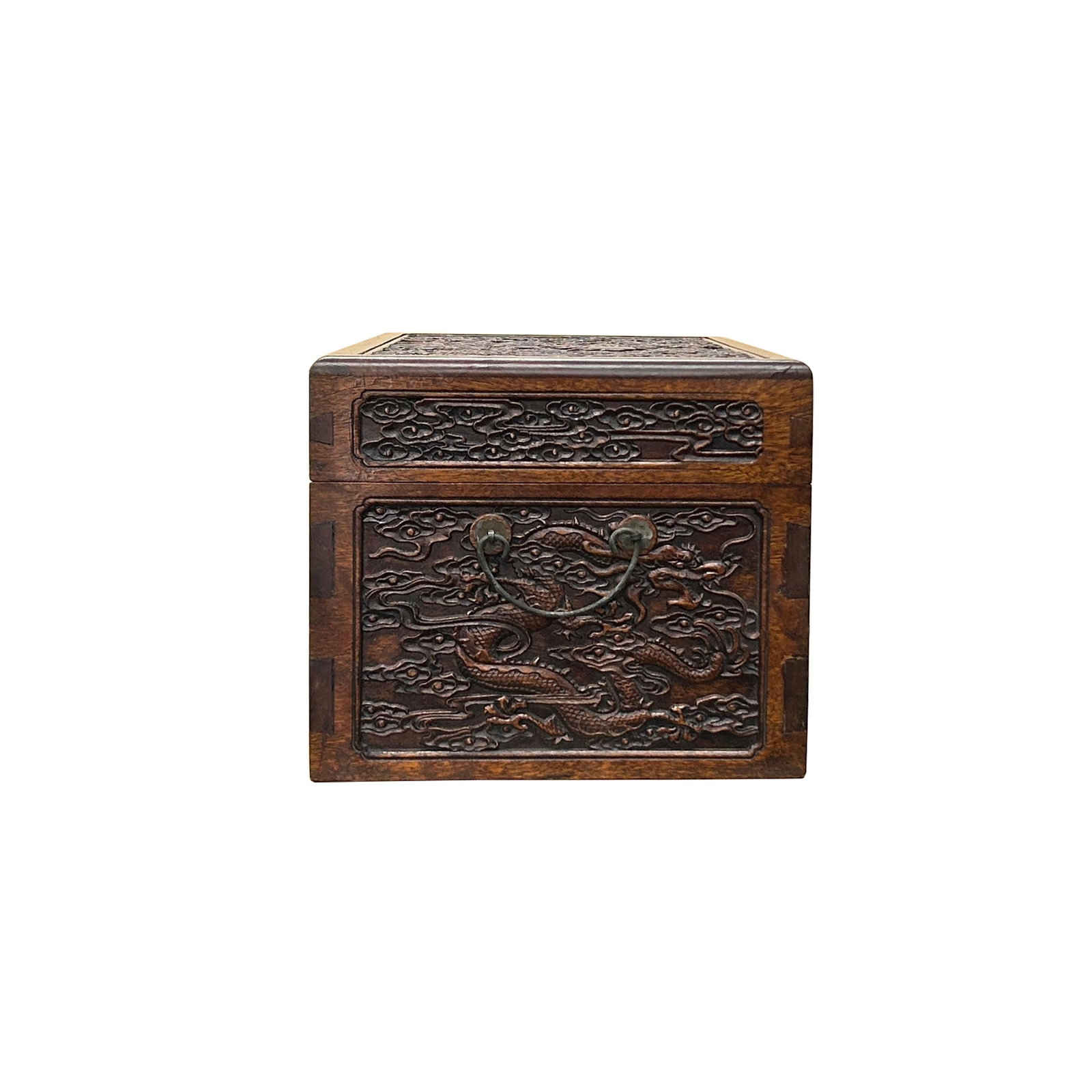 Oriental Dragons Motif Treasure Chest Box Distressed Brown Color Wood - 5