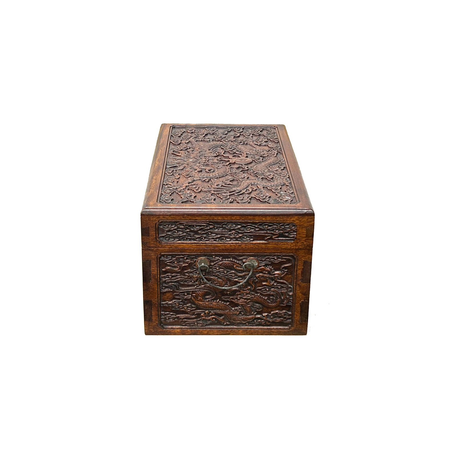 Oriental Dragons Motif Treasure Chest Box Distressed Brown Color Wood - 6