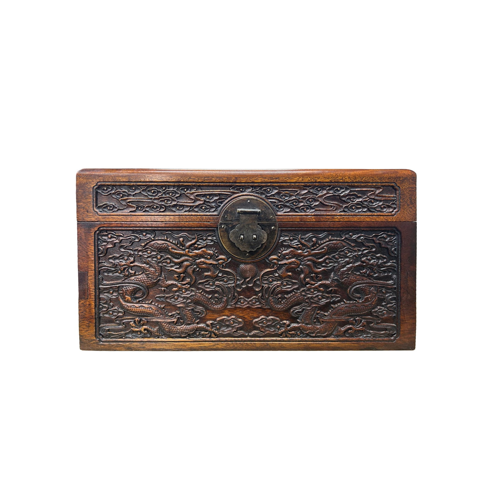 Oriental Dragons Motif Treasure Chest Box Distressed Brown Color Wood - 7