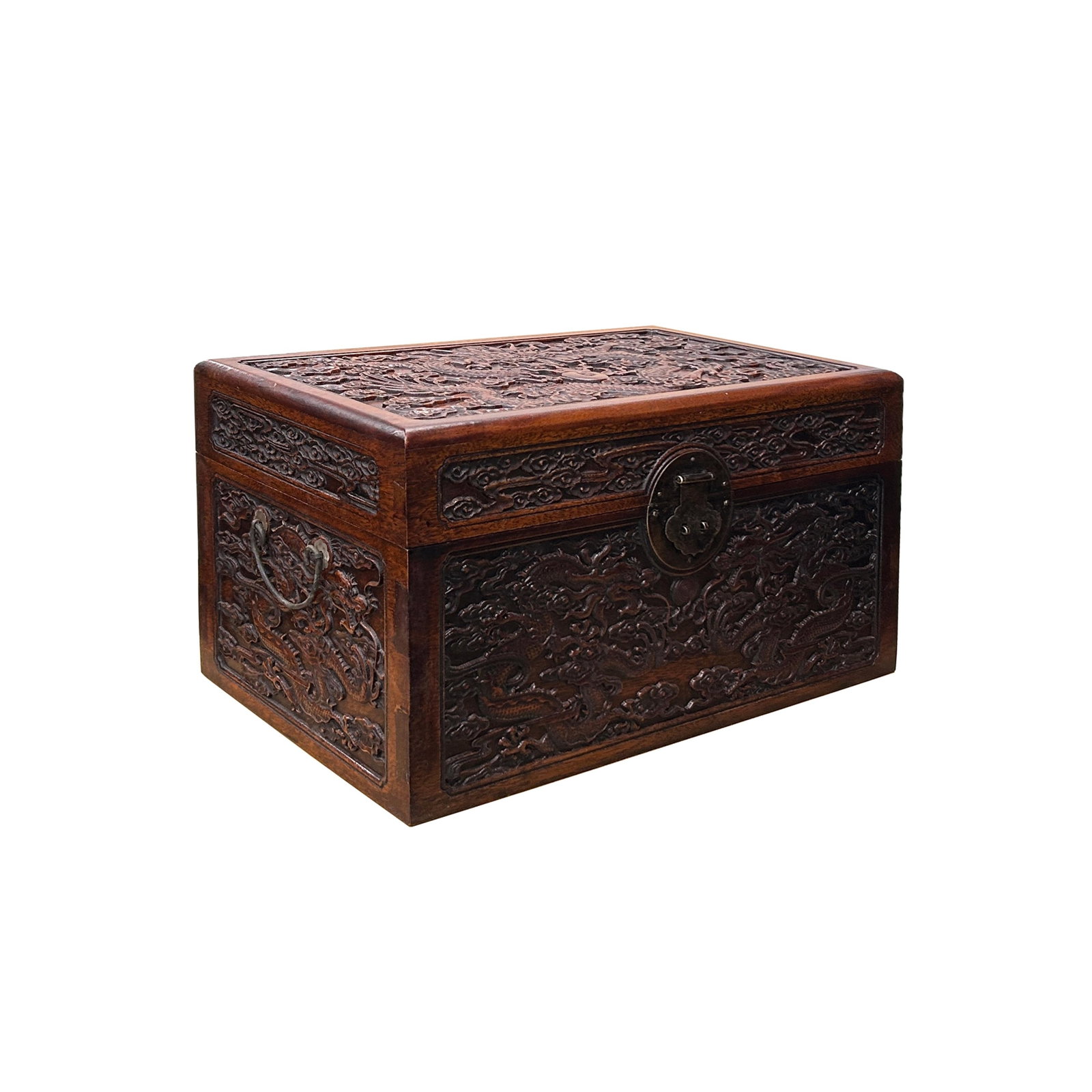 Oriental Dragons Motif Treasure Chest Box Distressed Brown Color Wood - 8