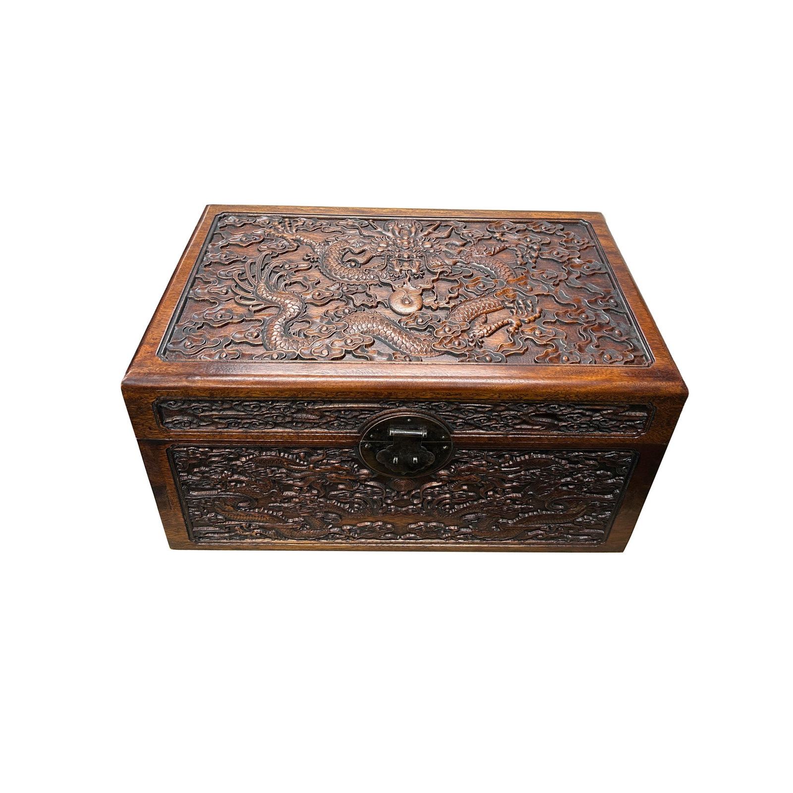 Oriental Dragons Motif Treasure Chest Box Distressed Brown Color Wood - 9