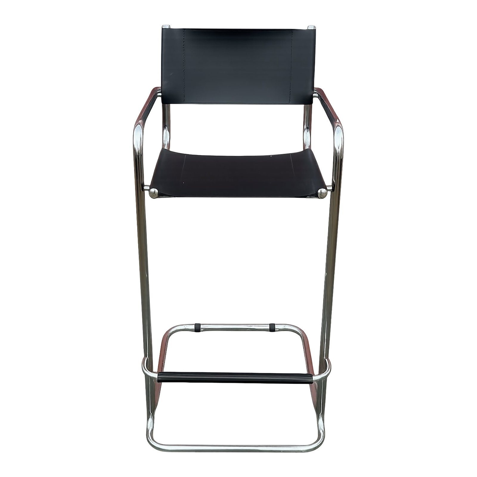 Vintage Mid-Century Modern Chrome Cantilever Bar Stool: This striking Mid-Century Modern bar stool features a sleek cantilever design with a polished chrome tubular steel frame. The minimalist profile showcases the iconic Bauhaus-influenced aesthetic popul