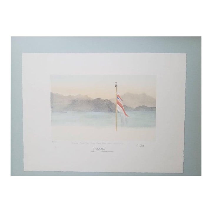 Signed Limited Edition Lithograph Watercolor by Prince Charles: A mint-condition lithograph (#70 of 200) by HRH Charles, Prince of Wales, titled "View of the Bay of Hong Kong from HMY Britannia". Painted as a watercolor, it is a scene of the Royal Yacht's flag