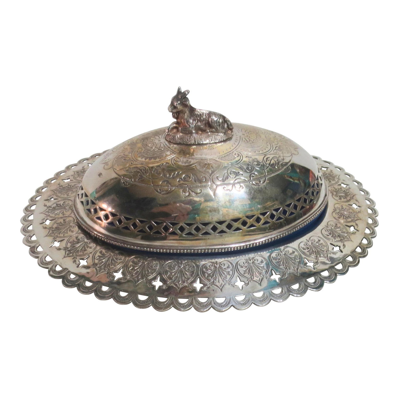 SilverPlate Butter Dish W. Blue Oplaine Liner Circa 1850s (1 of 9)