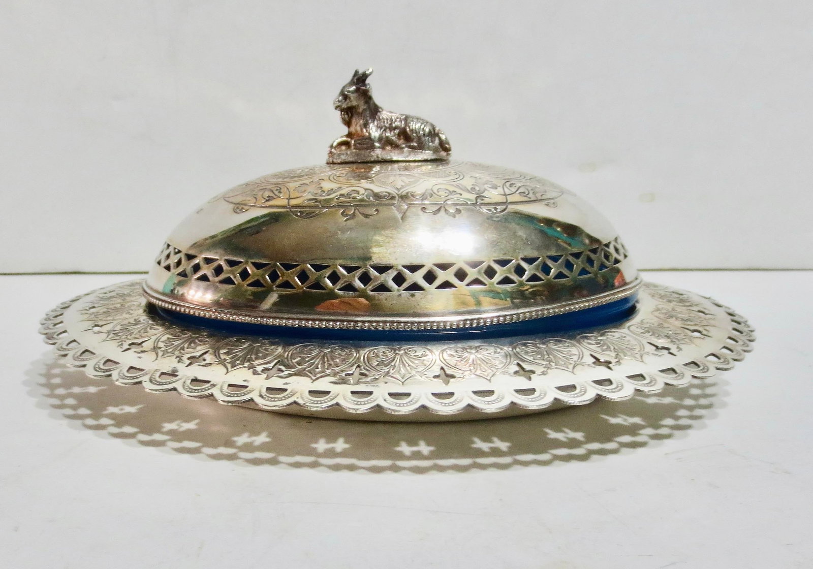 SilverPlate Butter Dish W. Blue Oplaine Liner Circa 1850s - 2