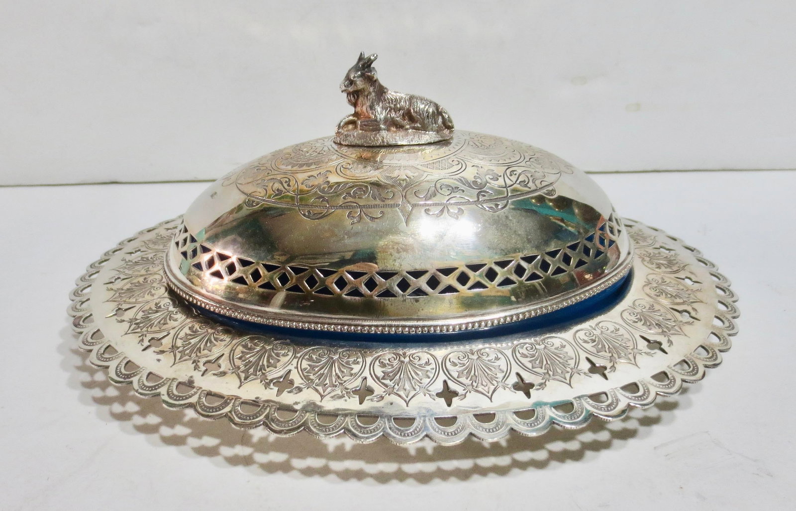 SilverPlate Butter Dish W. Blue Oplaine Liner Circa 1850s - 3