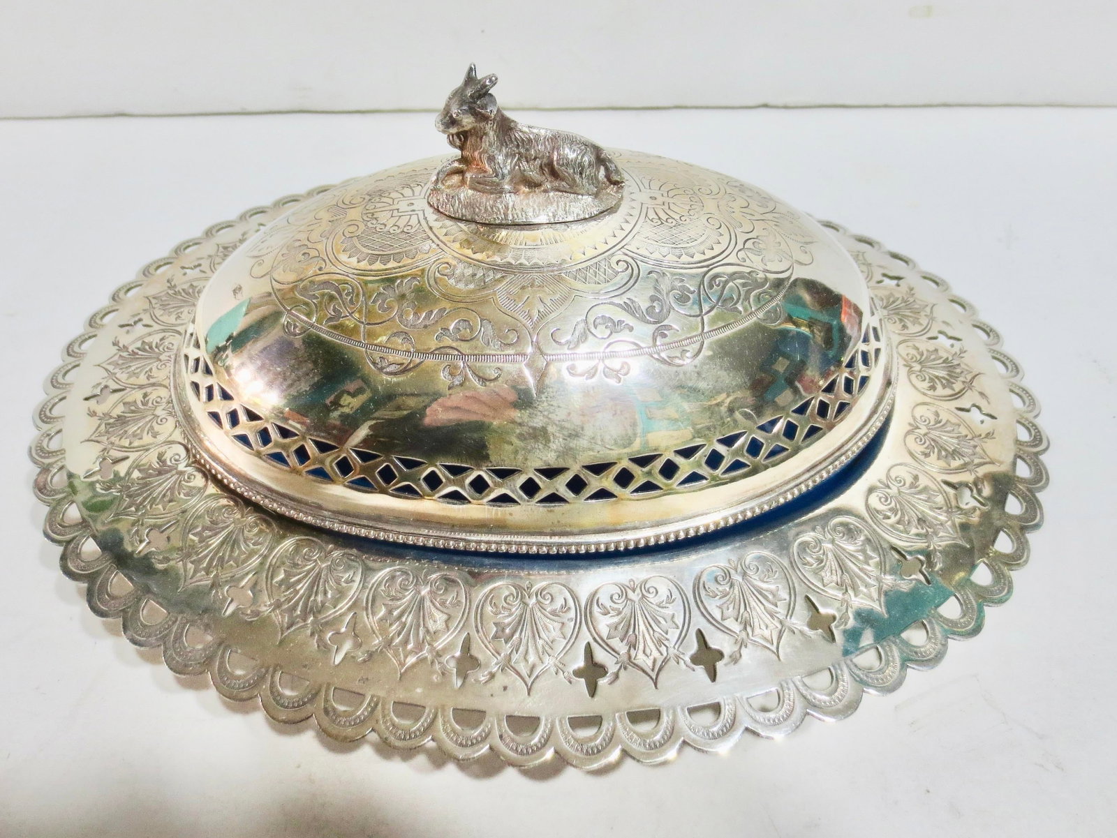 SilverPlate Butter Dish W. Blue Oplaine Liner Circa 1850s - 6