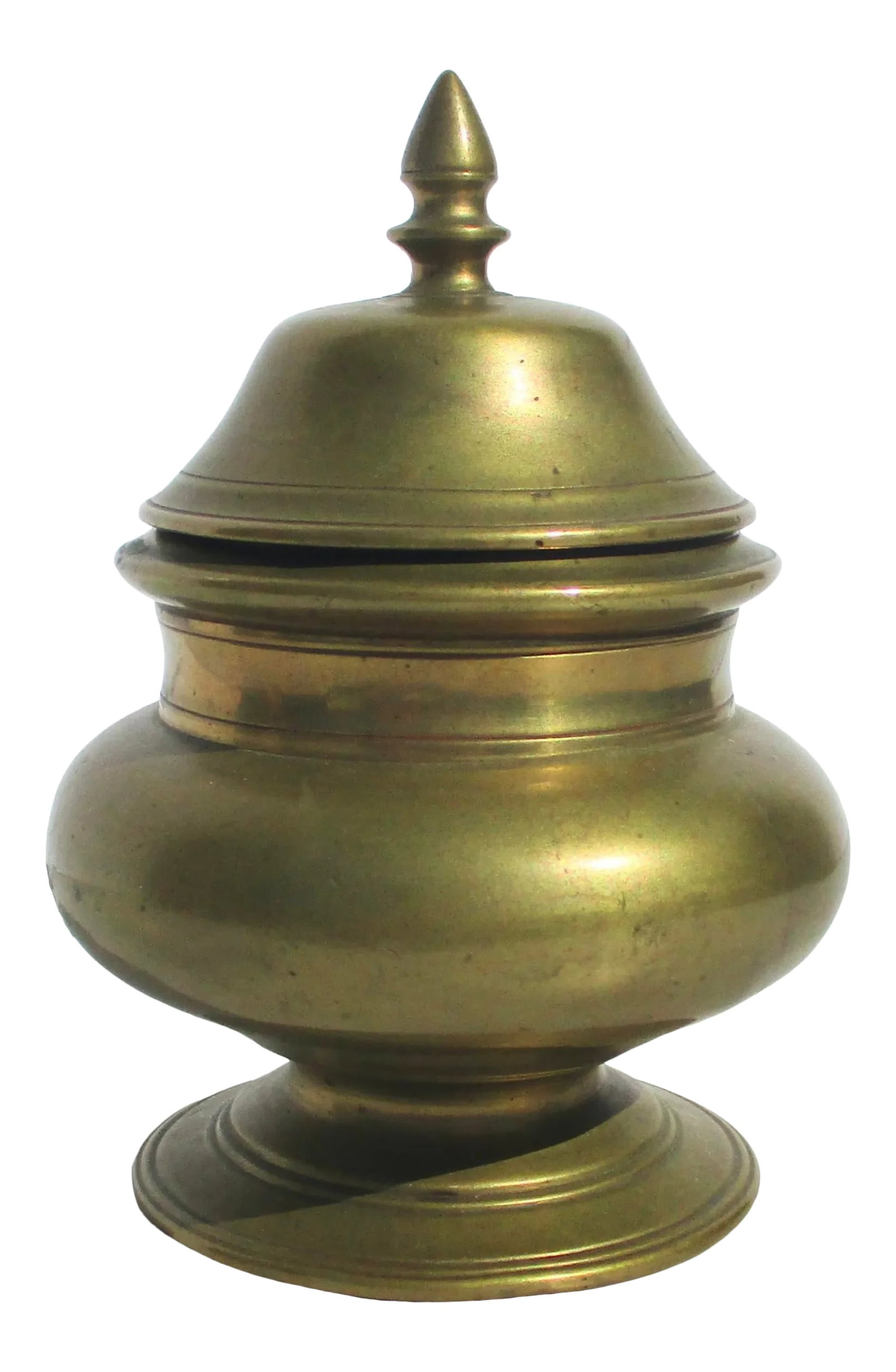 Nepali Bronze Ginger Jar Antique: Cast and polished bronze lidded jar from Nepal or Northern India. Finely made and detailed in a series of fine bronze linear rings around the body and with a series of stepped and curved necks and