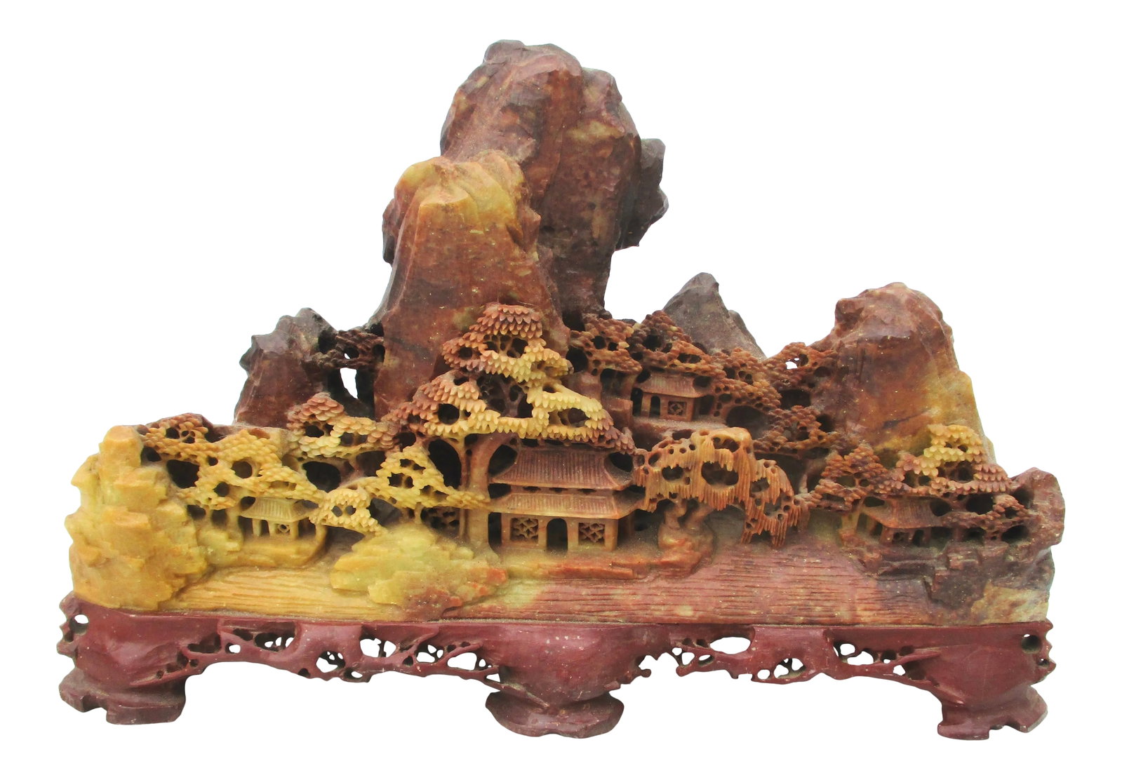 Chinese Soapstone Carved Mountains and Temple Scene: Chinese fantasy scene of towering mountains and tiny temples nestled in the forest below. A favorite subject in paintings, sculptures, and carvings. Carved in two pieces of gold and ren soapstone and