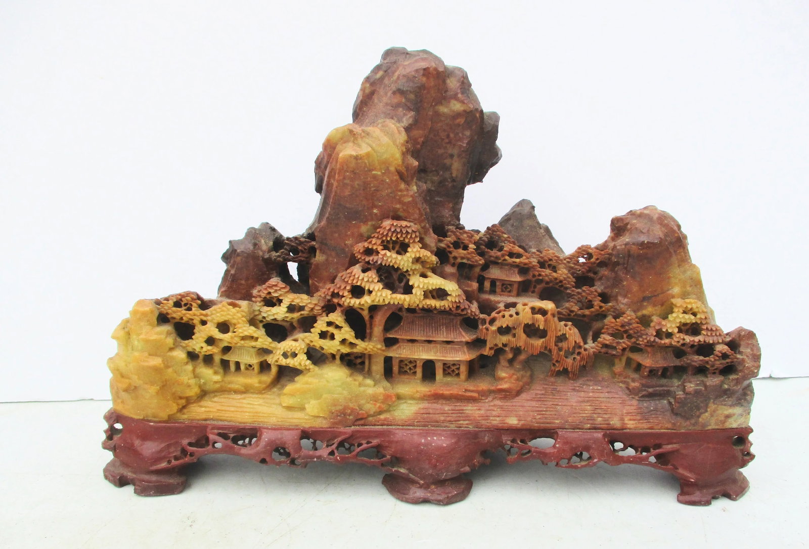 Chinese Soapstone Carved Mountains and Temple Scene - 8
