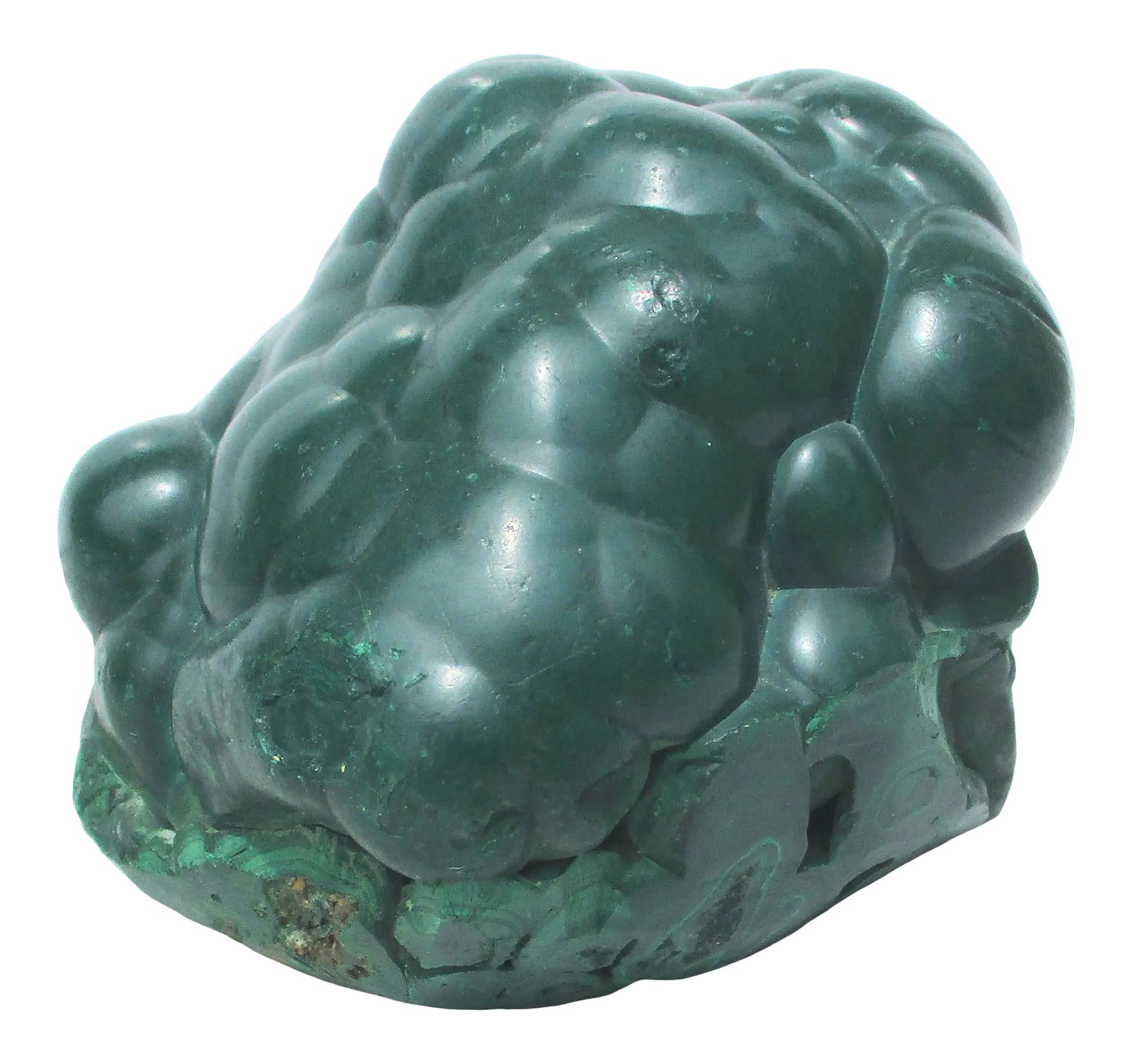 Botryoidal Malachite Specimen: A fine specimen of Malachite crystal cluster in natural form. Bubbling outer surface with glimse into the inner core from the underside. deep green color with a fine smooth surface and high shine.