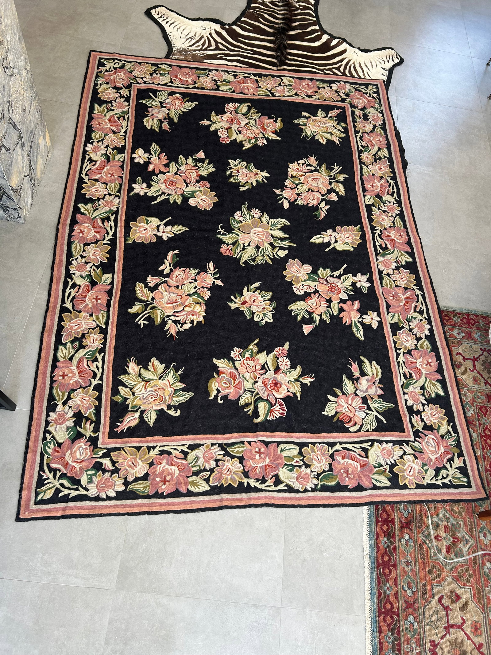 Hand Knotted Area Rug With Soft Pink & Green Flowers Against Black - 10
