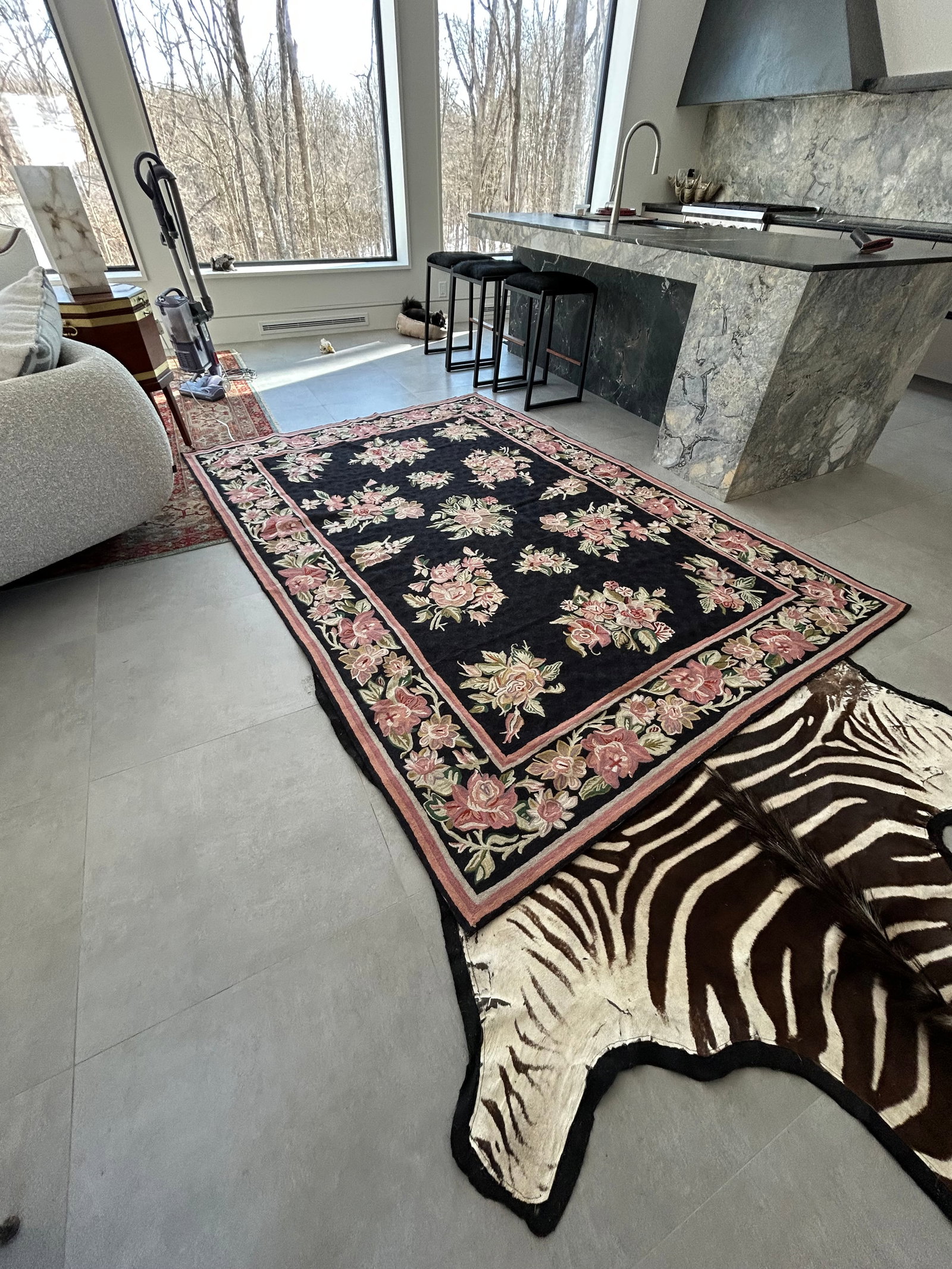 Hand Knotted Area Rug With Soft Pink & Green Flowers Against Black - 11
