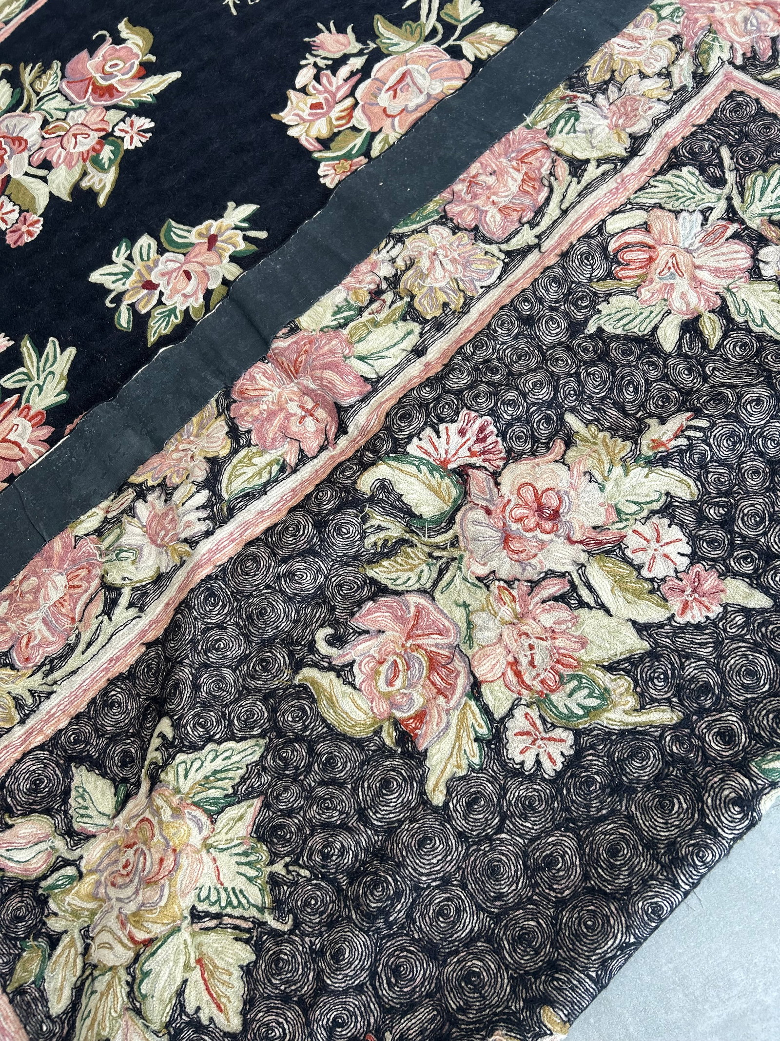 Hand Knotted Area Rug With Soft Pink & Green Flowers Against Black - 12