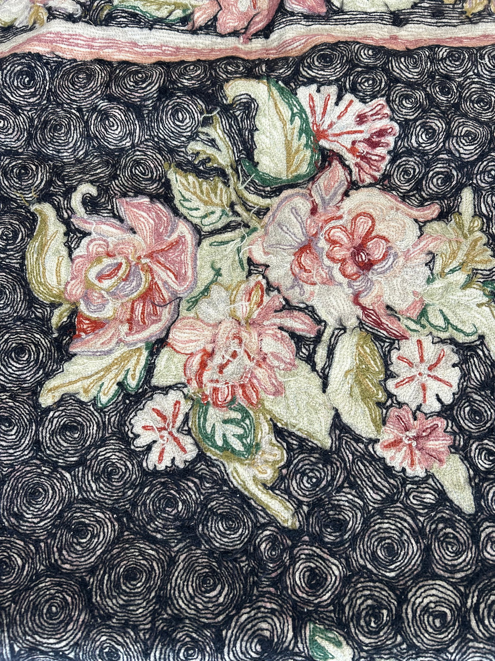 Hand Knotted Area Rug With Soft Pink & Green Flowers Against Black - 13