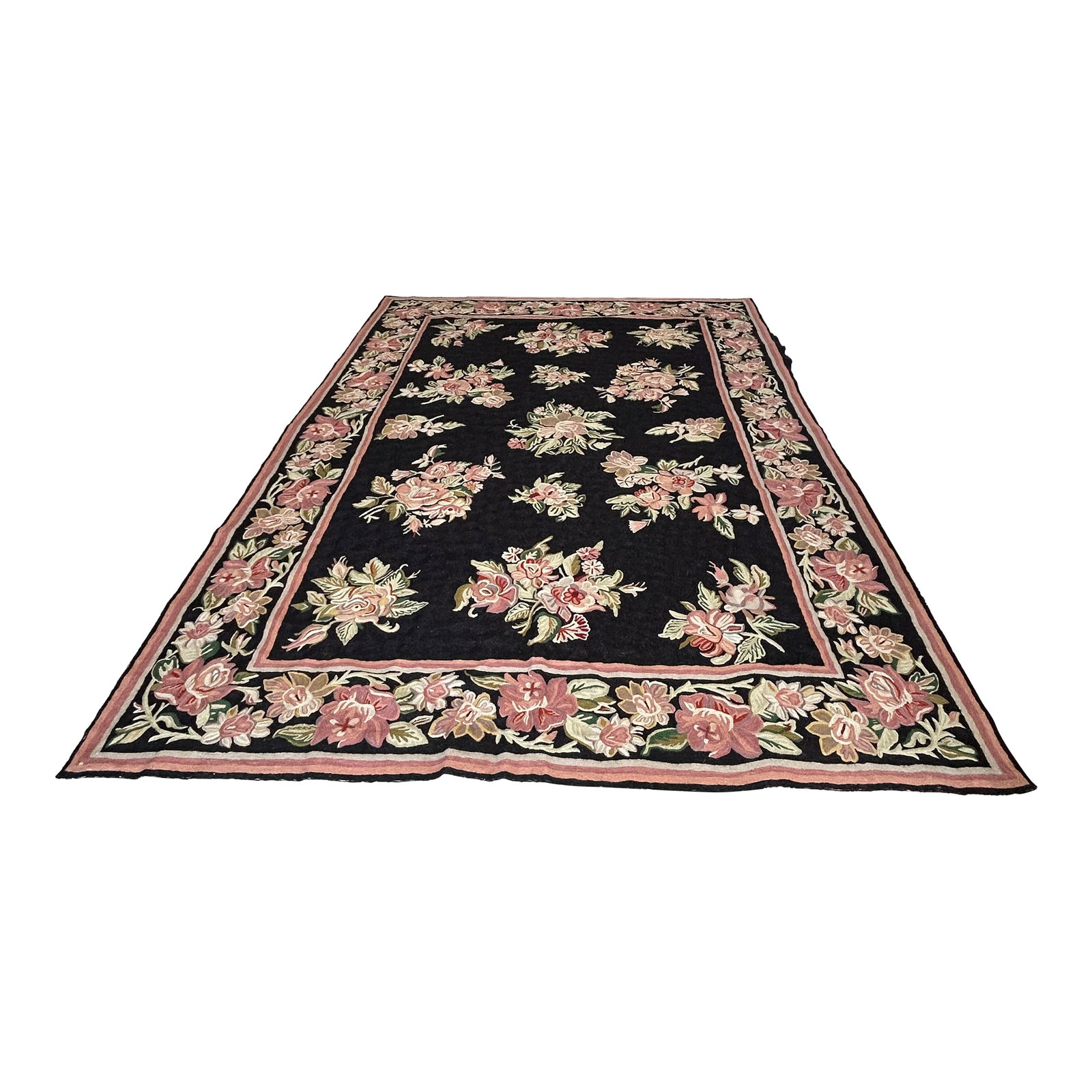 Hand Knotted Area Rug With Soft Pink & Green Flowers Against Black: Romantic lovely area rug, hand made, with gorgeous groupings of light pink and green flowers against a black background. Width: 74.5 in (189.23 cm) Length: 107.5 in (273.05 cm) Materials and