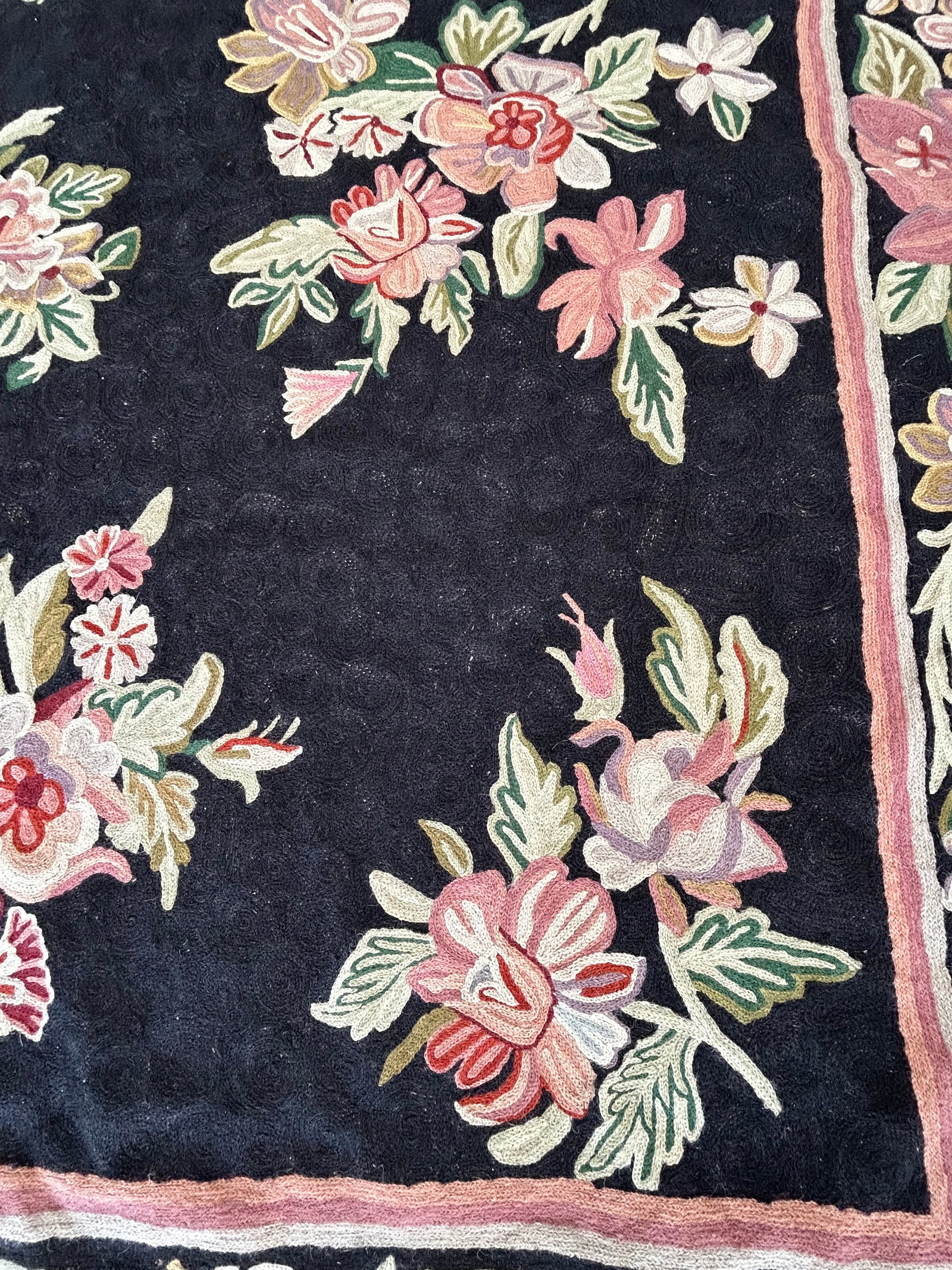Hand Knotted Area Rug With Soft Pink & Green Flowers Against Black - 2