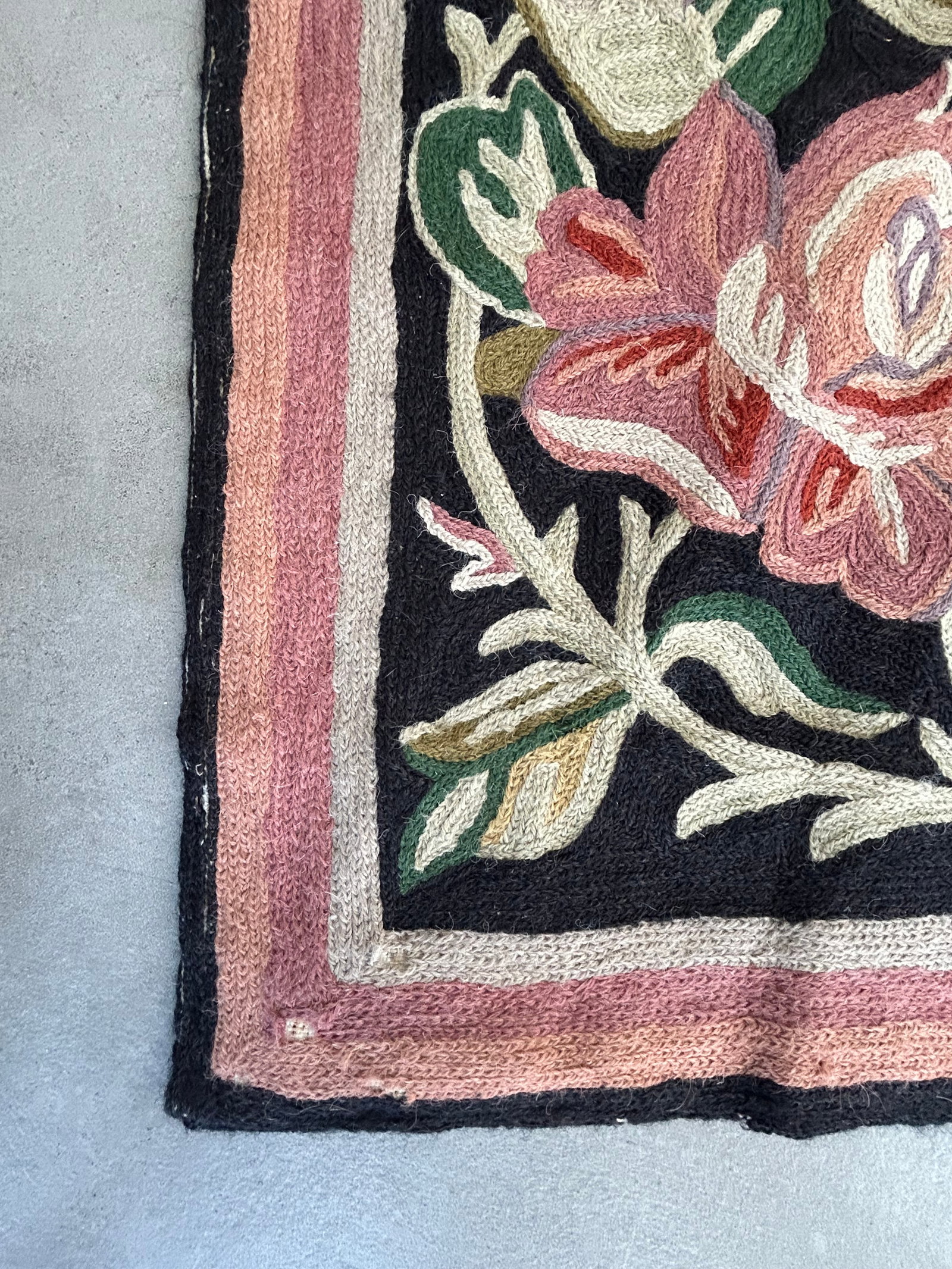 Hand Knotted Area Rug With Soft Pink & Green Flowers Against Black - 3