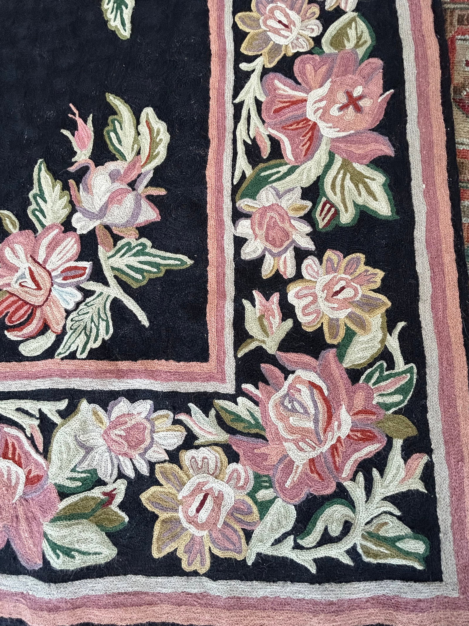 Hand Knotted Area Rug With Soft Pink & Green Flowers Against Black - 4