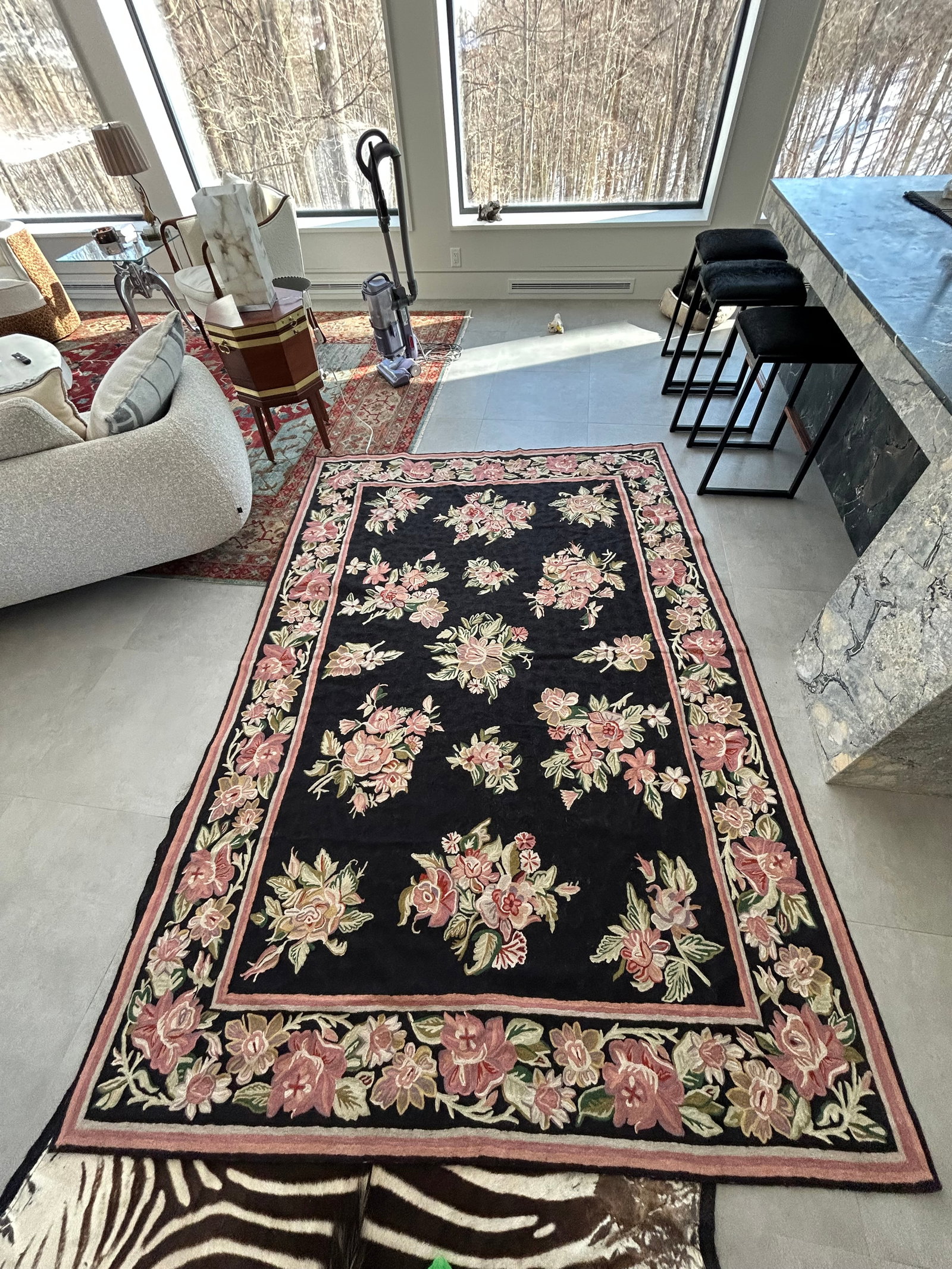 Hand Knotted Area Rug With Soft Pink & Green Flowers Against Black - 5