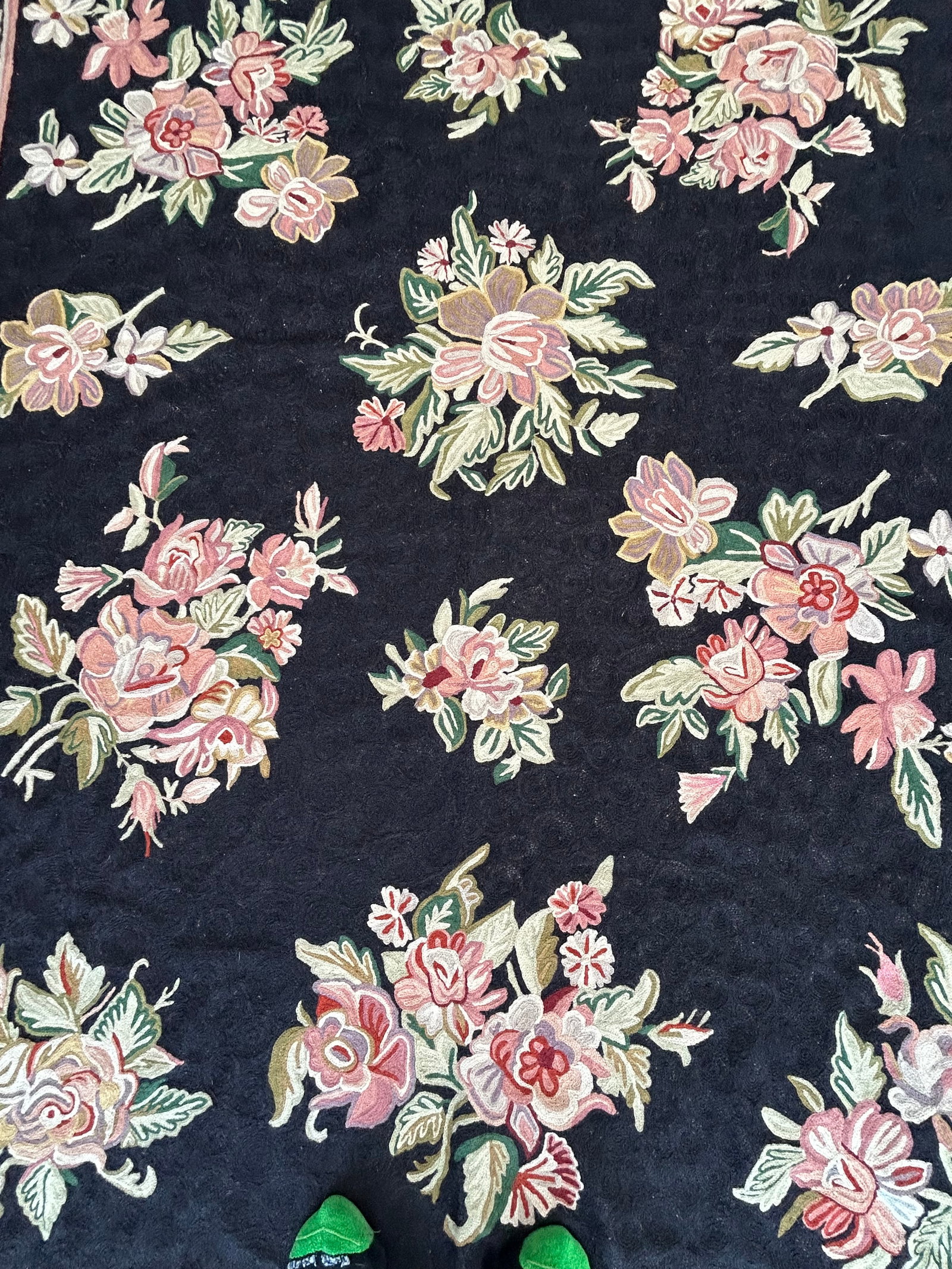 Hand Knotted Area Rug With Soft Pink & Green Flowers Against Black - 6