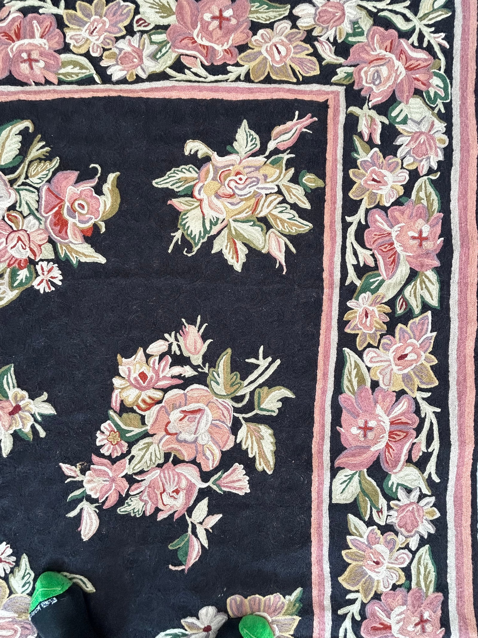 Hand Knotted Area Rug With Soft Pink & Green Flowers Against Black - 7