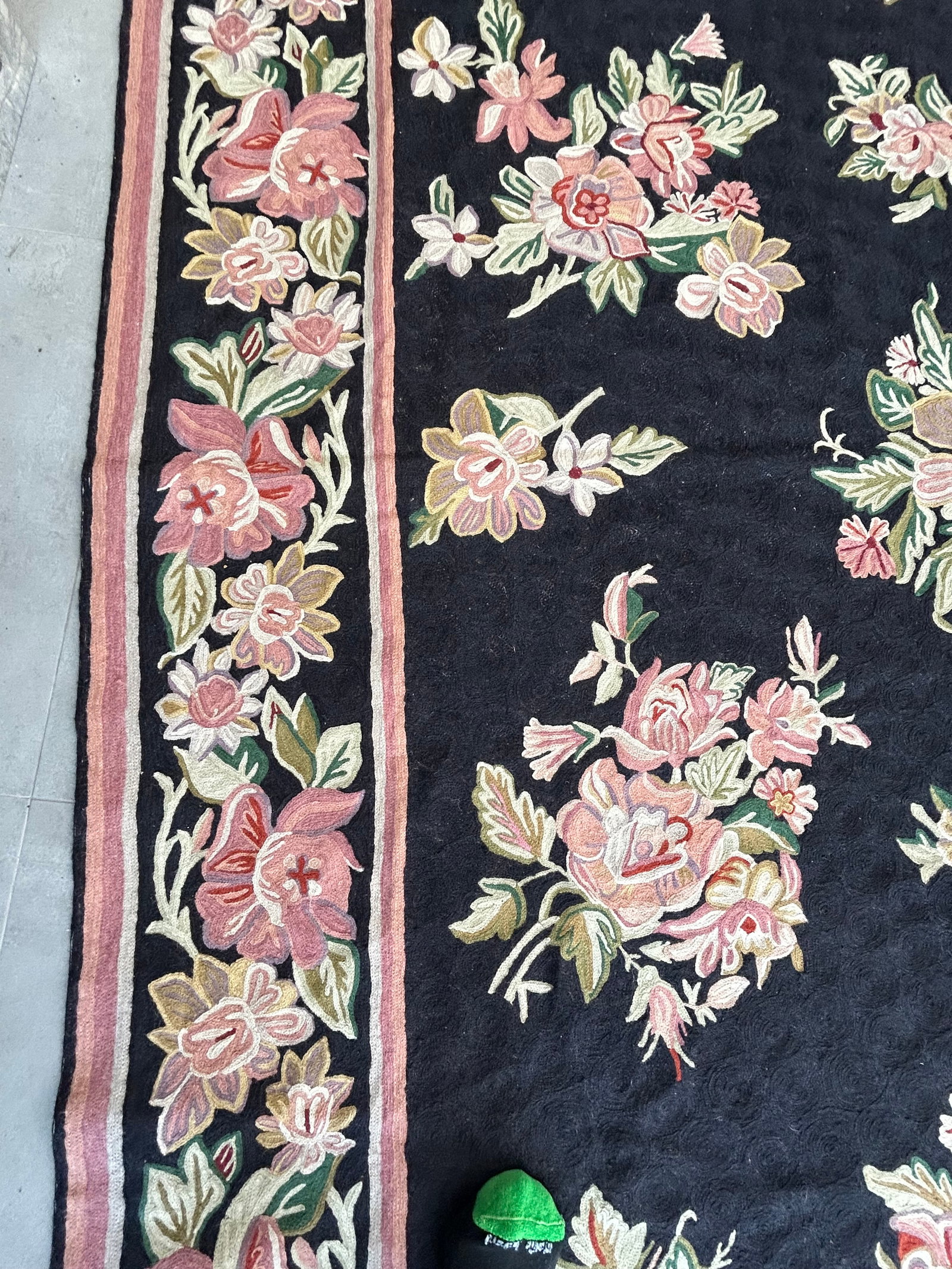 Hand Knotted Area Rug With Soft Pink & Green Flowers Against Black - 8