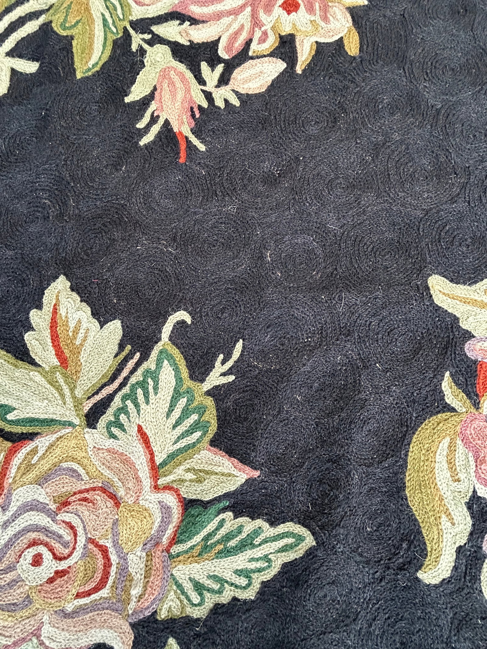 Hand Knotted Area Rug With Soft Pink & Green Flowers Against Black - 9