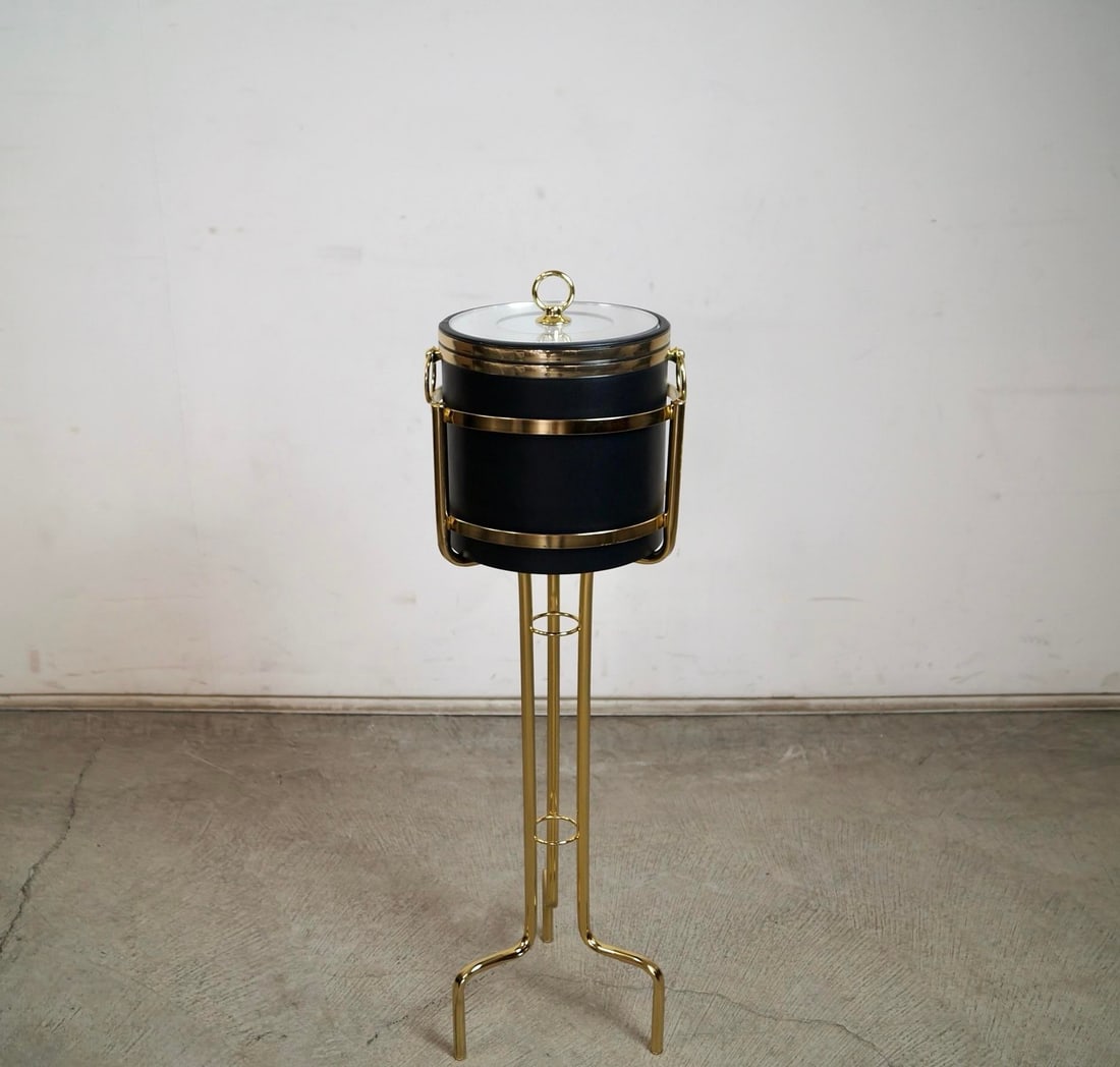 1970's Hollywood Regency Brass Champagne Ice Bucket Stand With Bucket - 3