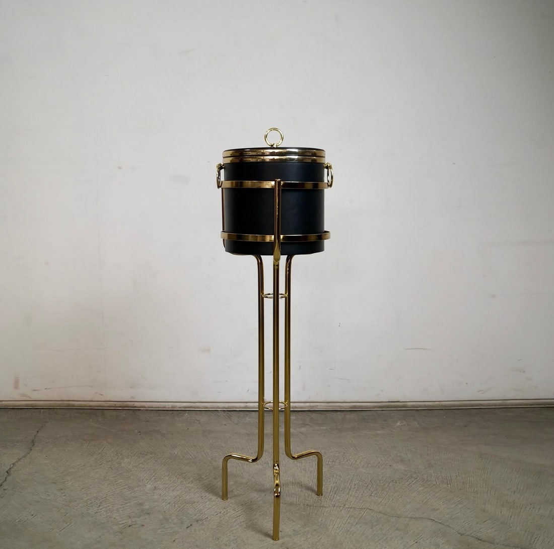 1970's Hollywood Regency Brass Champagne Ice Bucket Stand With Bucket - 4