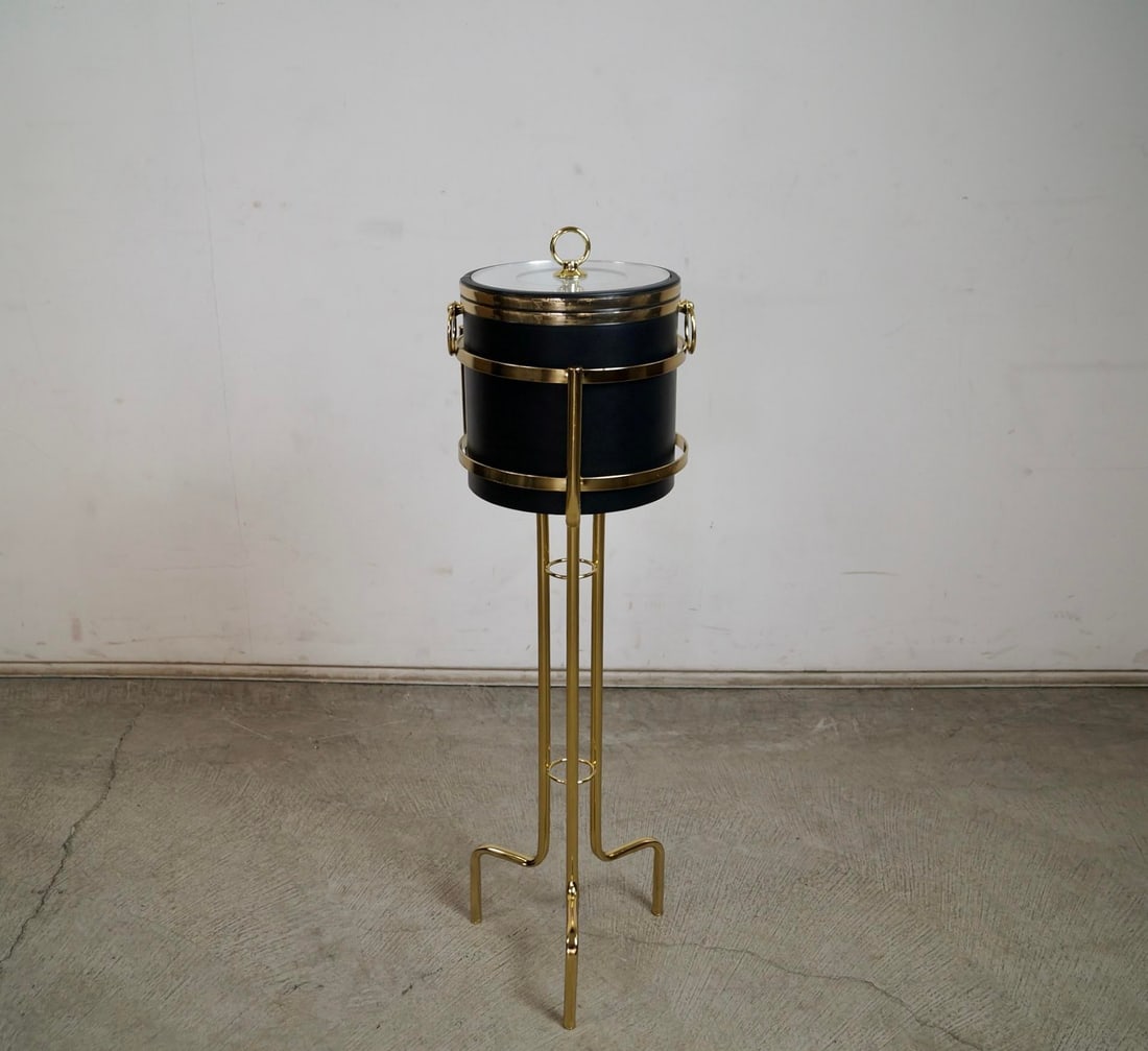 1970's Hollywood Regency Brass Champagne Ice Bucket Stand With Bucket - 5