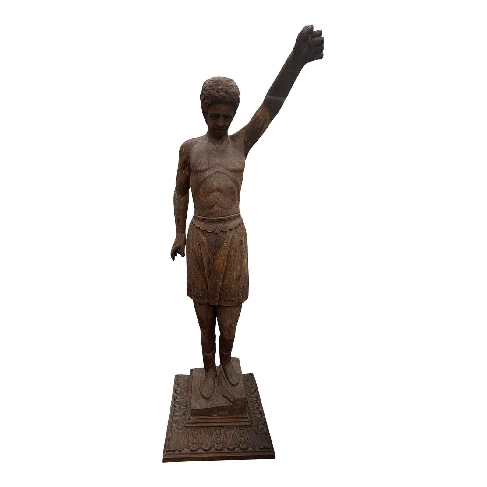 Early 20th Century Italian Carved Male Sculpture: Early 20th Century Italian Carved Male Sculpture. Offered is a beautifully carved early 20th century Italian Art Deco carved wood figure or sculpture on a wooden plinth. This figure currently holding