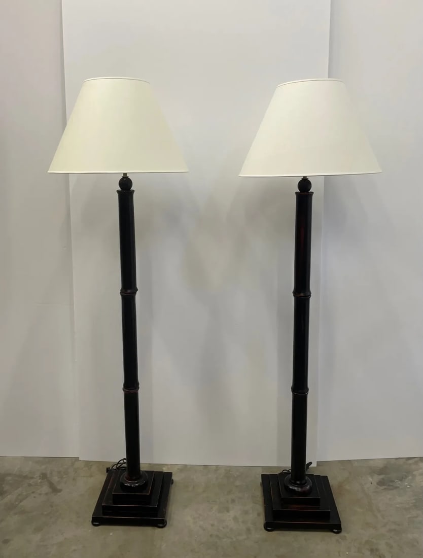 Faux Bamboo Wooden Floor Lamps With Black Finish -A Pair - 12