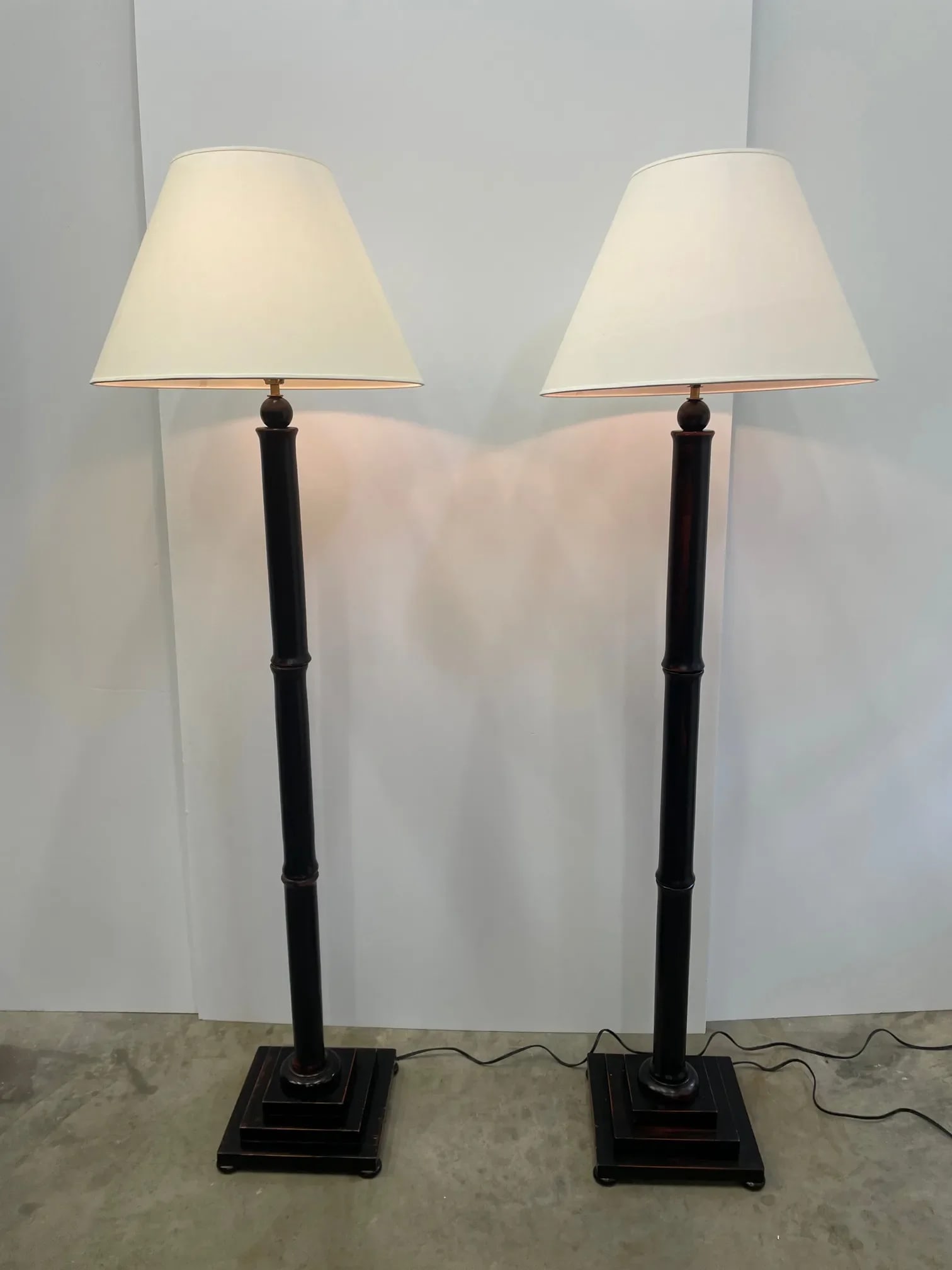Faux Bamboo Wooden Floor Lamps With Black Finish -A Pair - 2