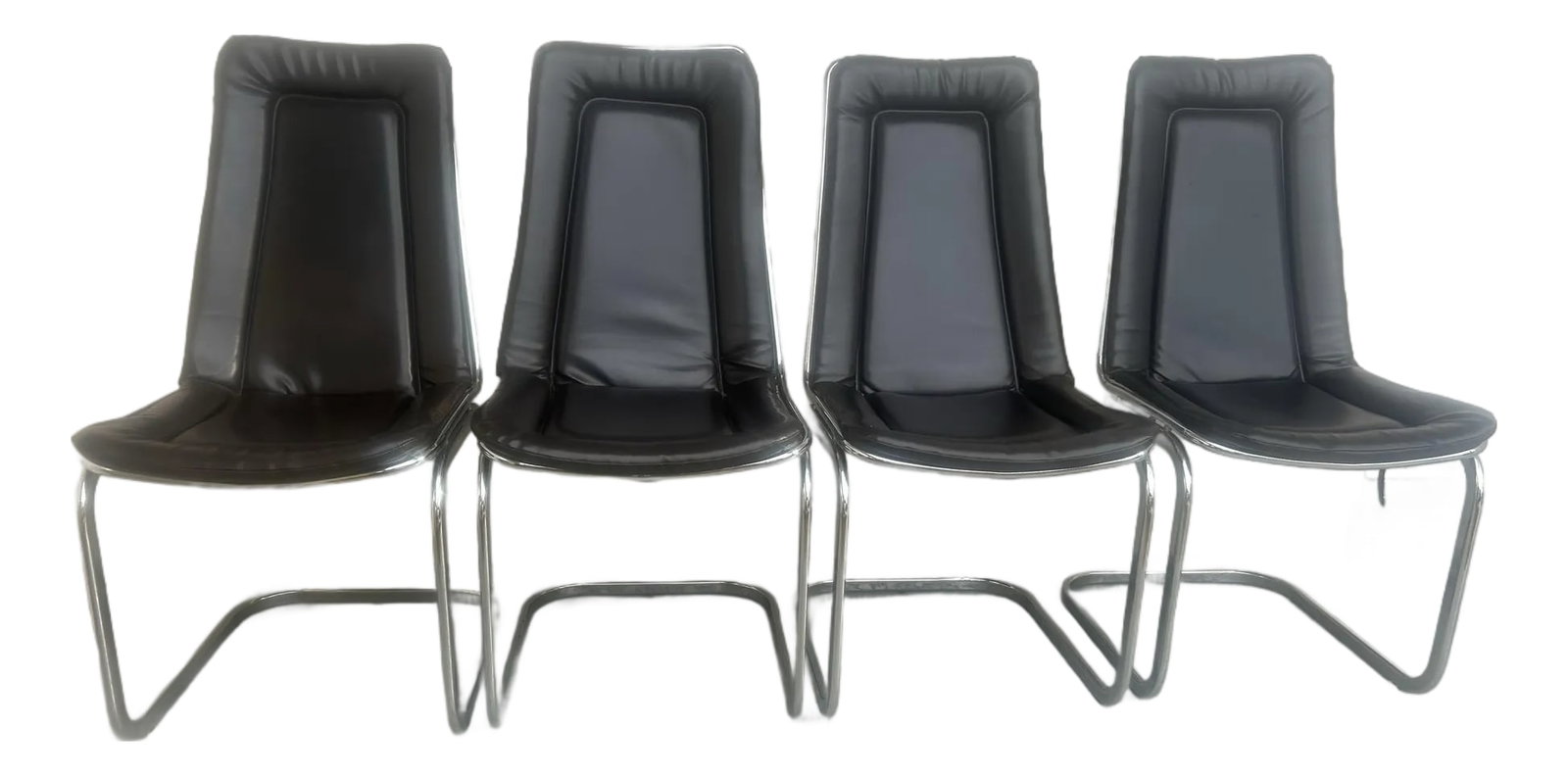Mid Century Chrome Cantilever Dining Chairs Attributed to Gaston Rinaldi Italy, 1970's Set of 4: Chrome Cantilever dining chairs Italian made mid century. Comes with original leather seat cushions with snaps to hold in place. These chairs have no identifying or makers name on them set of 4