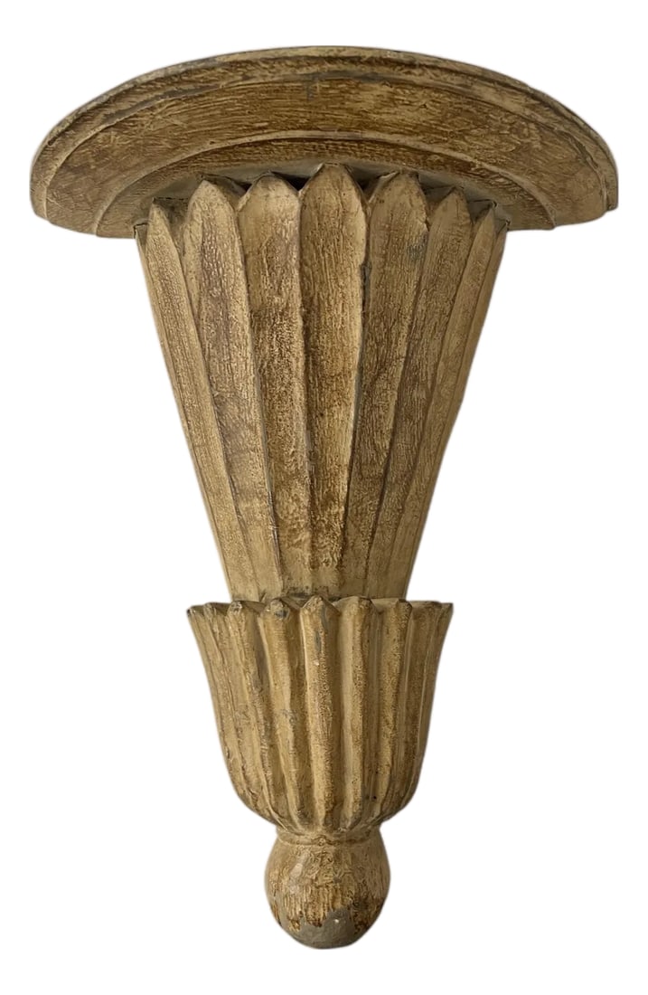 Wall Mount Ribbed Hand Carved Wood Trumpet Display Shelf Wall Bracket: Vintage wall mount hand carved display shelf bracket. Large display area to show off your cherished items. Light brown with aged finish. Some intentional distressing. Measures 12.5" w x 6" d x 16" h.