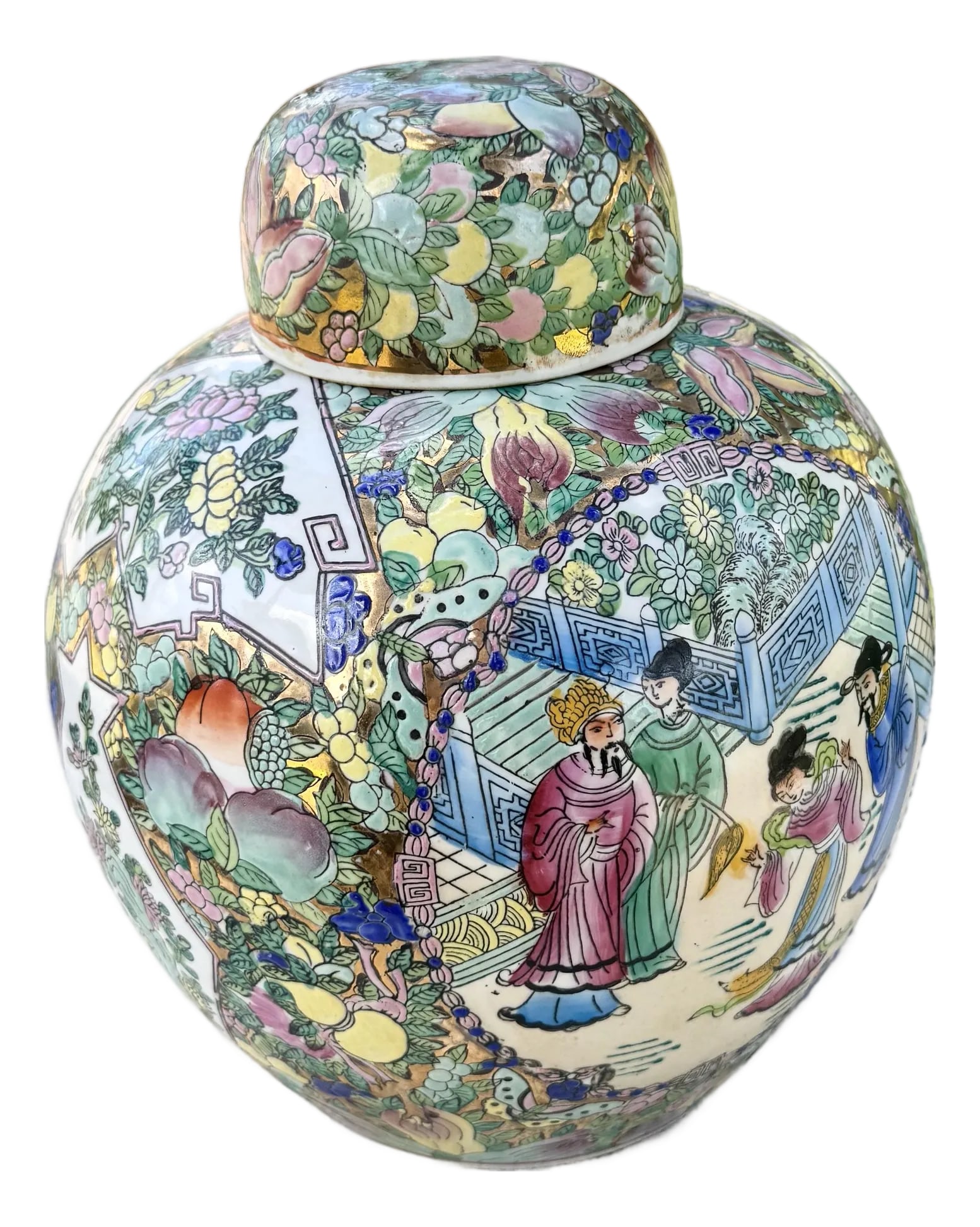 Vintage Chinese Hand Painted Multi Color Porcelain Ginger Jar: A beautifully detailed vintage Chinese ginger jar featuring intricate hand-painted decoration in a rich palette of pastel colors and gold accents. The rounded form is adorned with elaborate panels