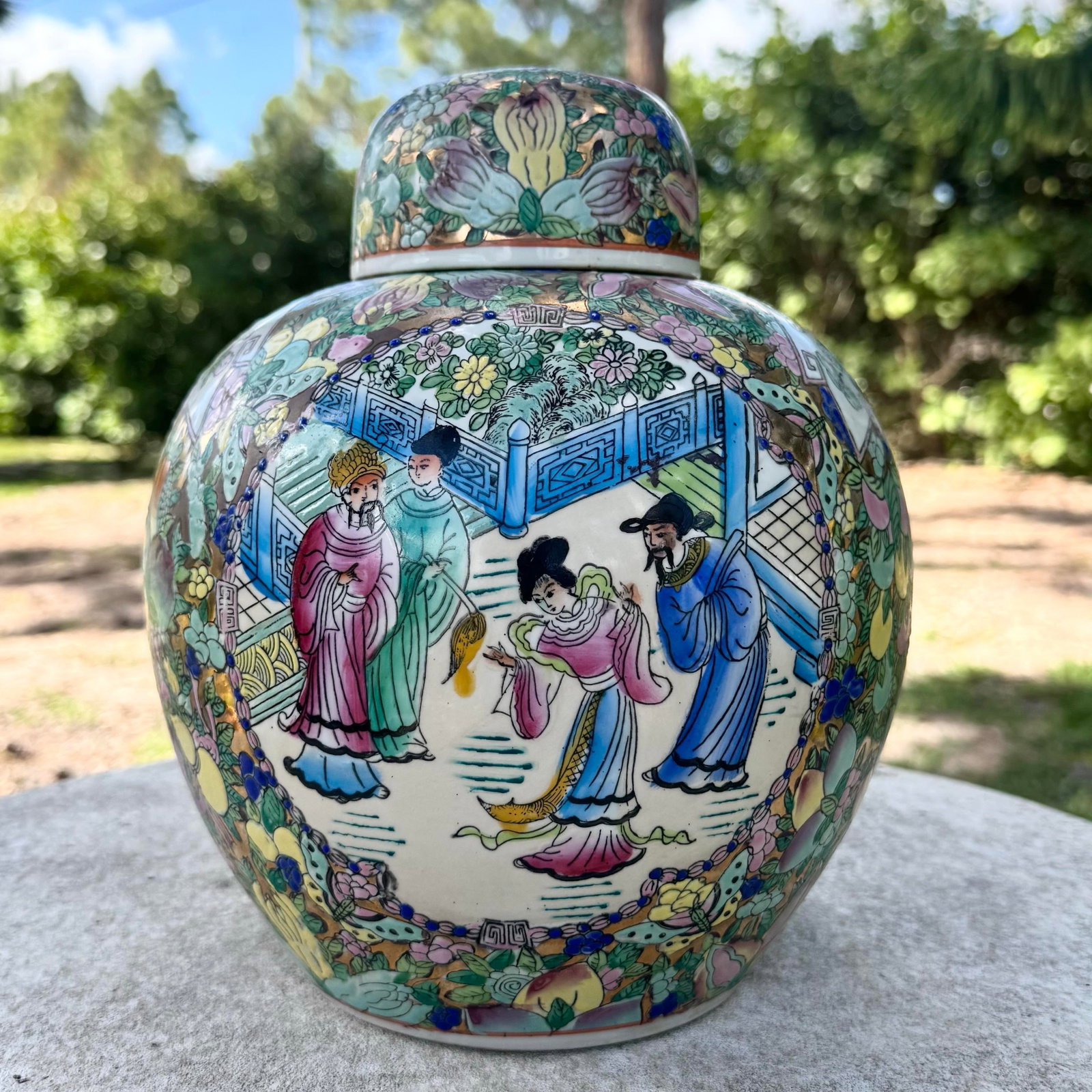 Vintage Chinese Hand Painted Multi Color Porcelain Ginger Jar - 2