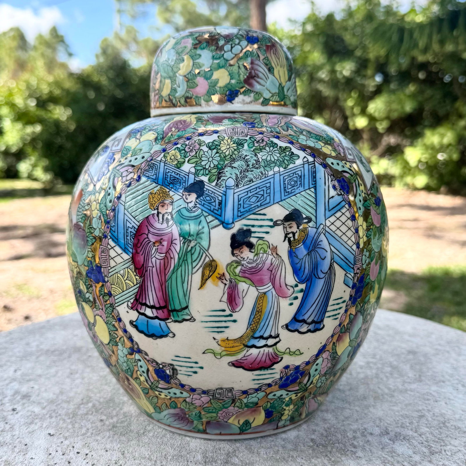 Vintage Chinese Hand Painted Multi Color Porcelain Ginger Jar - 8