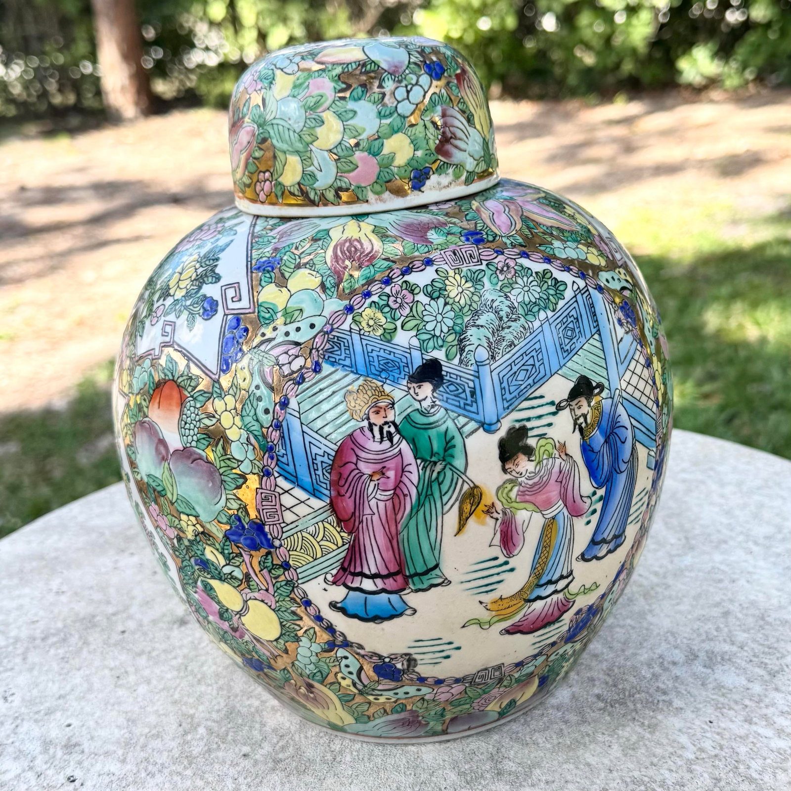 Vintage Chinese Hand Painted Multi Color Porcelain Ginger Jar - 9