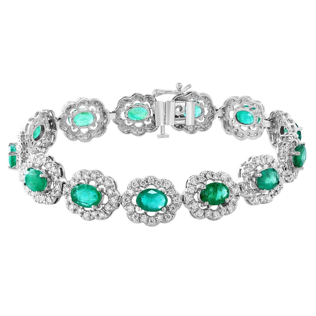 10 Carat Natural Brazilian Emerald & Diamond Tennis Bracelet 14 Karat Gold - 12